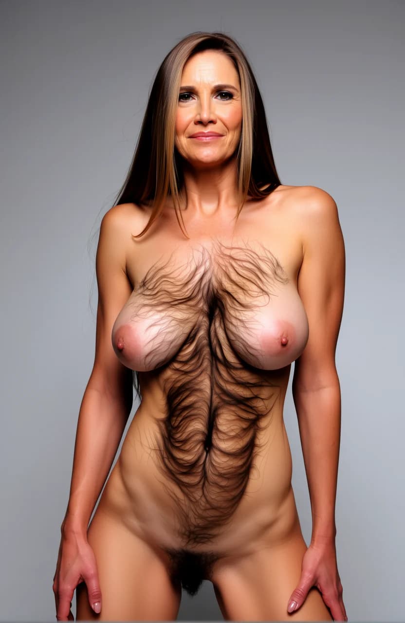 60 year old hairy woman with saggy breasts and long thick nipples. Standing with legs slightly apart to show her bush. Breasts sagging.
