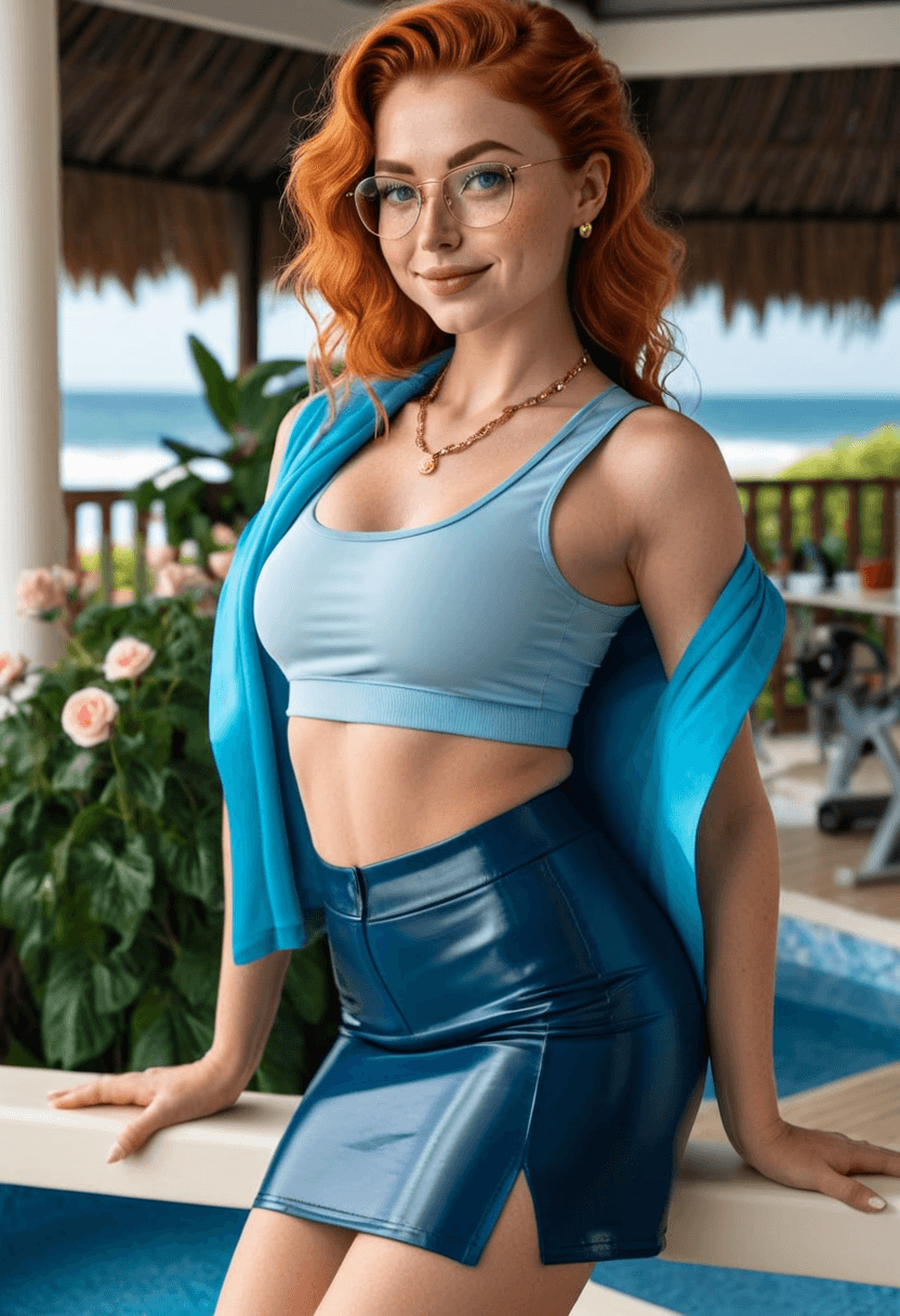 Wearing short black tennis skirt and a crop top shirt, portrait picture, looking at the viewer with a smile, wearing fitted blue jeans, wearing an elegant knee-length skirt, standing confidently, full body shot, wearing a stylish fitted jumpsuit, wearing a fashionable mini skirt, stretching gracefully, squatting position, athletic pose, working out at the gym, athletic activity, swimming in clear blue water, wearing beautiful earrings, wearing an elegant necklace, wearing a stylish scarf, wearing trendy sunglasses, wearing a fashionable hat, in a beautiful garden with flowers, on a sunny beach with ocean waves, in a cozy bedroom setting, at a modern fitness gym, at an upscale restaurant, wearing a sleek latex skirt, wearing a stylish bikini on the beach, wearing a light flowy summer dress, wearing a luxurious satin robe