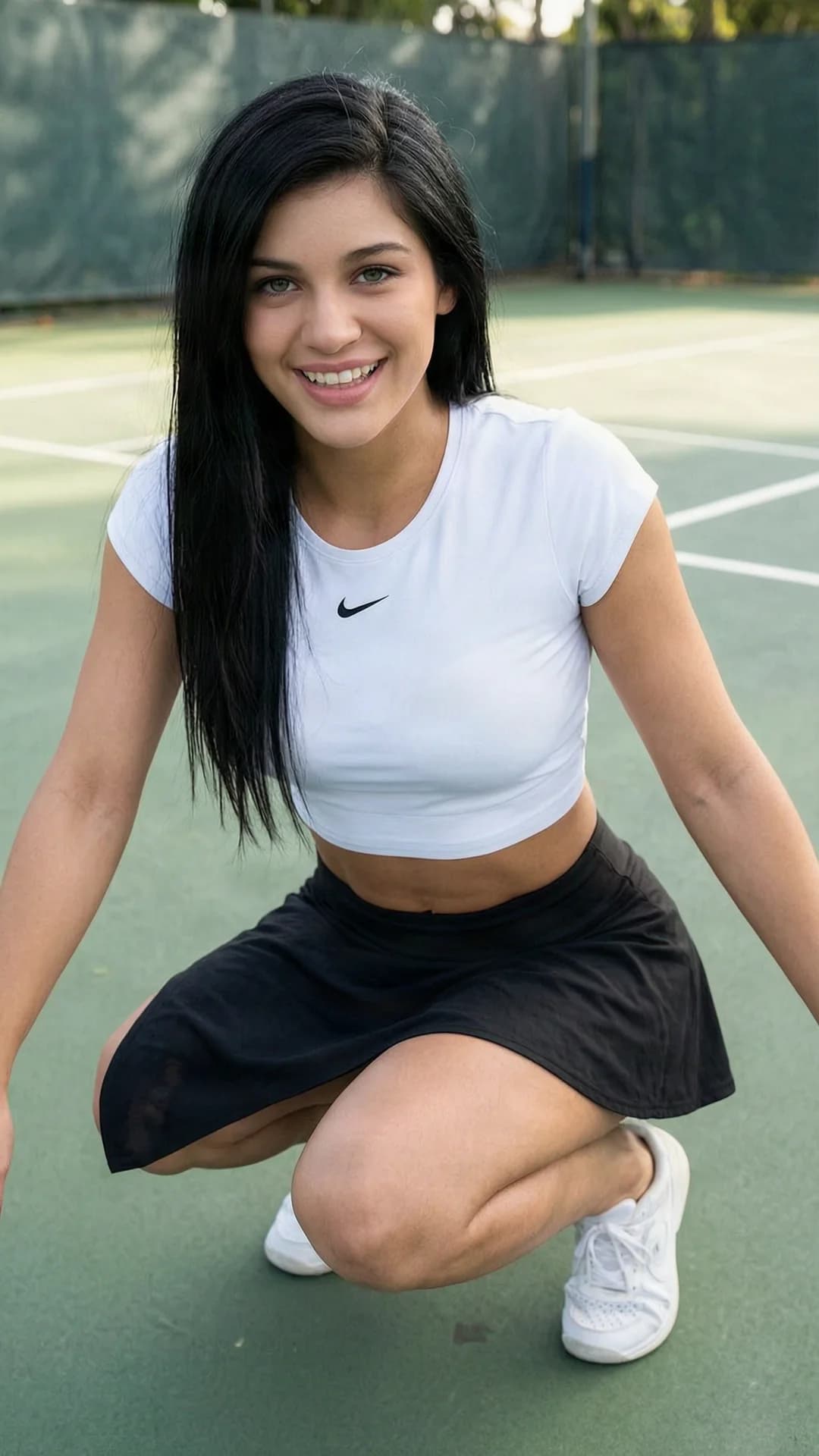 A 21-year-old Caucasian woman with straight black hair, green eyes, and an average body type, wearing a short black tennis skirt and a fitted white crop top shirt that exposes her midriff, captured in a dynamic squatting athletic pose with knees bent and thighs engaged, balanced on the balls of her feet, medium close-up portrait from a frontal eye-level camera angle, direct intense eye contact with the viewer and a bright genuine smile with lips parted, confident and energetic mood, soft natural daylight illuminating her form with gentle shadows highlighting muscle definition and fabric texture, clean outdoor tennis court background, Flawless anatomy, no extra digits, no extra limbs, realistic skin texture, high-detail.