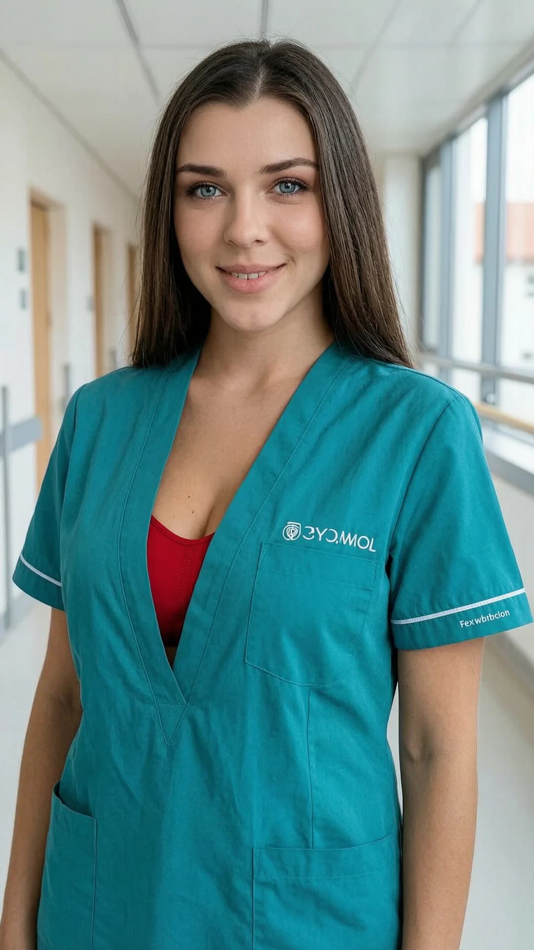 A 21-year-old Caucasian woman with long brunette hair, blue eyes, fit body type and visible belly piercings, wearing a teal Czech hospital uniform with a large plunging neckline that reveals a red bra underneath, standing in a bright hospital corridor, medium close-up frontal portrait view, direct eye contact with the viewer and a warm friendly smile, soft natural daylight lighting, relaxed confident pose with shoulders slightly forward, realistic style, Flawless anatomy, no extra digits, no extra limbs, realistic skin texture, high-detail.