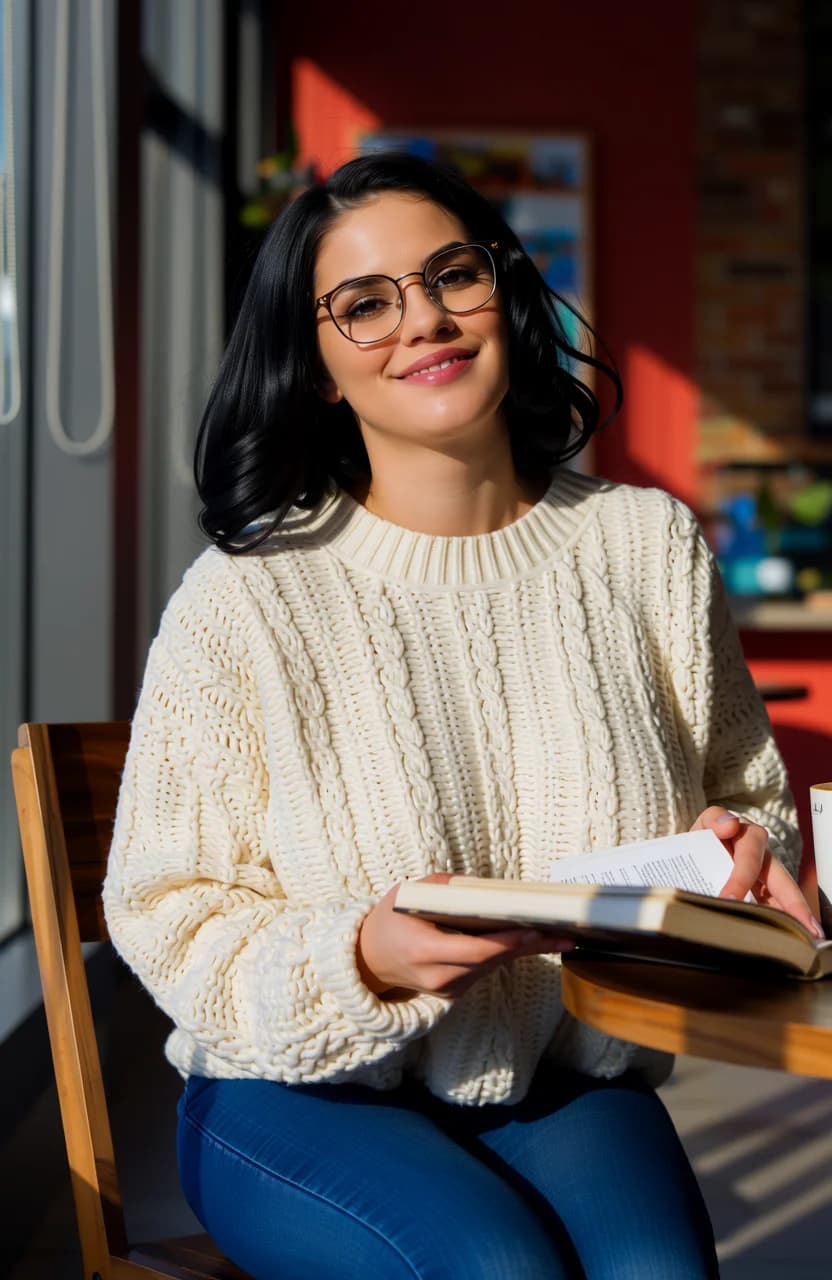 21-year-old Caucasian woman with fit body type, black curly hair cascading loosely over her shoulders, warm brown eyes behind stylish thin-rimmed glasses, toned athletic figure with subtle muscle definition in her arms and legs, relaxed and sitting comfortably on a rustic wooden chair in a trendy coffee shop brimming with warm autumn colors like rich oranges, deep reds, and earthy browns on the walls and decor, large windows flooding the intimate scene with soft natural sunlight casting gentle elongated shadows and golden highlights across her skin and the small round wooden table, wearing fitted blue jeans hugging her toned thighs and calves with natural fabric creases, cozy oversized cream sweater draping loosely over her shoulders revealing a hint of collarbone with subtle cable knit texture and soft woolen folds, holding an open book in one hand with pages slightly curled and a steaming latte cup in the other with faint vapor rising, genuine laughing expression with head slightly tilted back in joyful mirth, mouth open revealing white teeth, warm crinkled brown eyes making direct eye contact with the viewer from a medium close-up POV at eye level from across the small round table, comfortable and approachable vibe in casual lifestyle photography style, body relaxed with natural slouched posture, subtle muscle tone visible under sweater sleeves with soft biceps flexion, smooth realistic skin with soft golden glow from sunlight and faint freckles on cheeks, breasts naturally positioned under loose sweater with gentle curve, flawless anatomy, no extra digits, no extra limbs, realistic skin texture, high-detail.