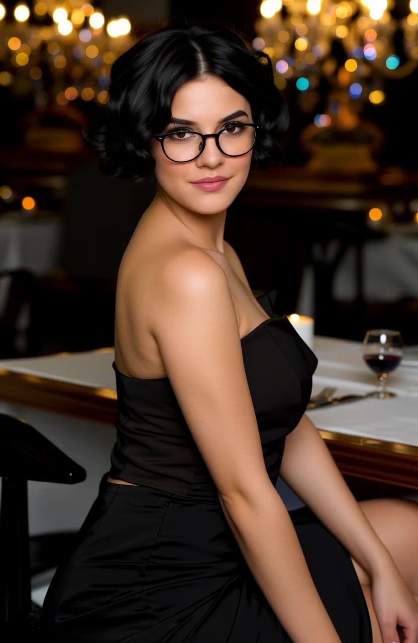 21-year-old Caucasian woman with fit body type, black curly hair, brown eyes, wearing elegant glasses, dressed in a form-fitting elegant knee-length skirt paired with a sophisticated blouse and heels, sitting casually in a relaxed pose with legs crossed and one arm draped over the back of an upscale restaurant booth, medium close-up from a low front angle emphasizing her poised elegance, luxurious restaurant setting with dim ambient lighting from crystal chandeliers casting warm golden highlights and soft shadows across polished wooden tables, white tablecloth, half-filled wine glass, candle flicker, moody sophisticated atmosphere with subtle bokeh background of blurred patrons and ornate decor, intense direct eye contact with confident allure and a subtle inviting smile, lips slightly parted, relaxed shoulders, natural skin sheen on collarbone, subtle muscle tension in toned arms, flawless posture with gentle curve to her spine, realistic body physics with firm pert breasts subtly outlined under blouse fabric, elegant glasses perched on nose bridge reflecting faint chandelier light. Flawless anatomy, no extra digits, no extra limbs, realistic skin texture, high-detail.