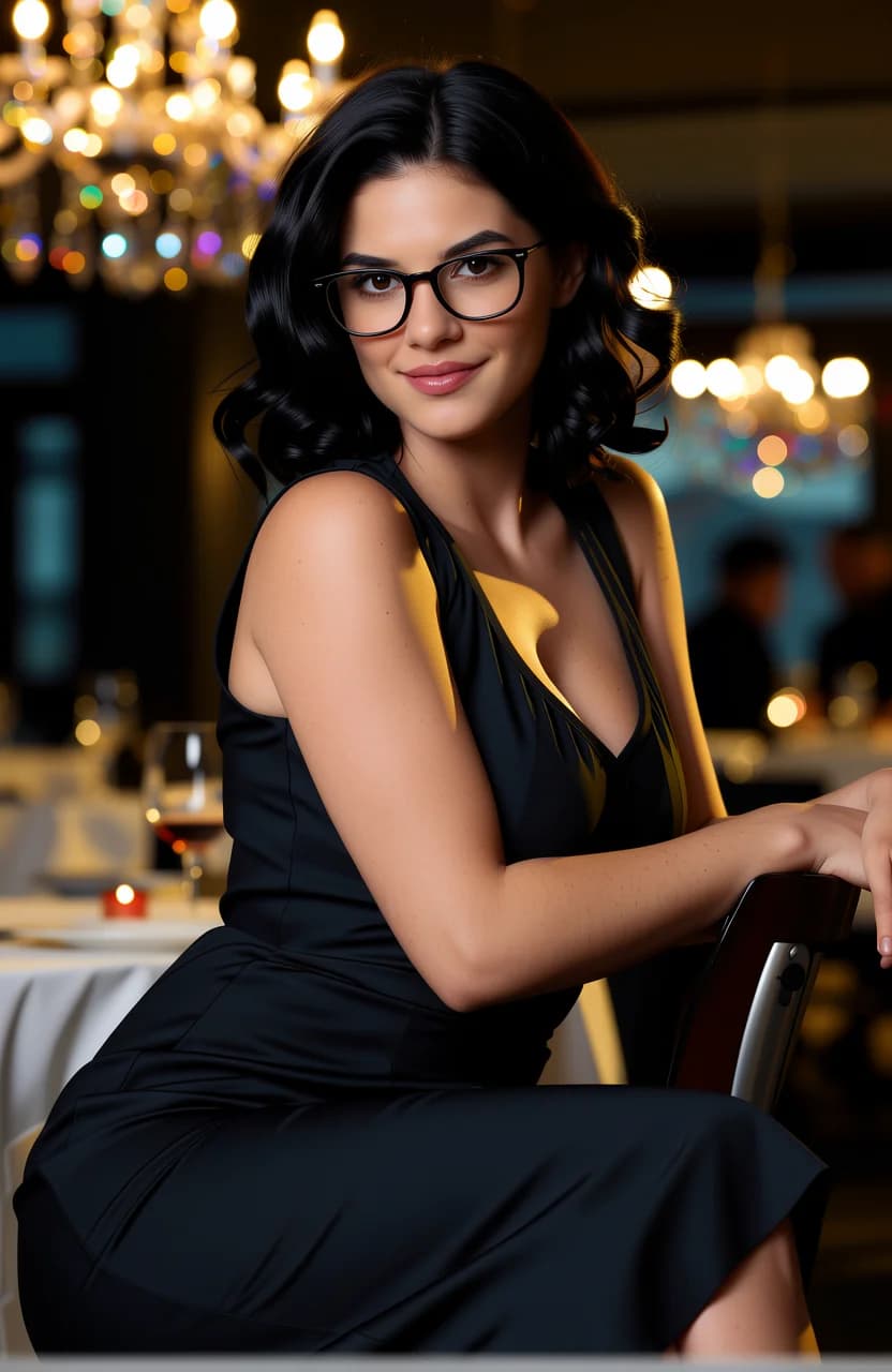 21-year-old Caucasian woman with fit body type, black curly hair, brown eyes, wearing elegant glasses, dressed in a form-fitting elegant knee-length skirt paired with a sophisticated blouse and heels, sitting casually in a relaxed pose with legs crossed and one arm draped over the back of an upscale restaurant booth, medium close-up from a low front angle emphasizing her poised elegance, luxurious restaurant setting with dim ambient lighting from crystal chandeliers casting warm golden highlights and soft shadows across polished wooden tables, white tablecloth, half-filled wine glass, candle flicker, moody sophisticated atmosphere with subtle bokeh background of blurred patrons and ornate decor, intense direct eye contact with confident allure and a subtle inviting smile, lips slightly parted, relaxed shoulders, natural skin sheen on collarbone, subtle muscle tension in toned arms, flawless posture with gentle curve to her spine, realistic body physics with firm pert breasts subtly outlined under blouse fabric, elegant glasses perched on nose bridge reflecting faint chandelier light. Flawless anatomy, no extra digits, no extra limbs, realistic skin texture, high-detail.