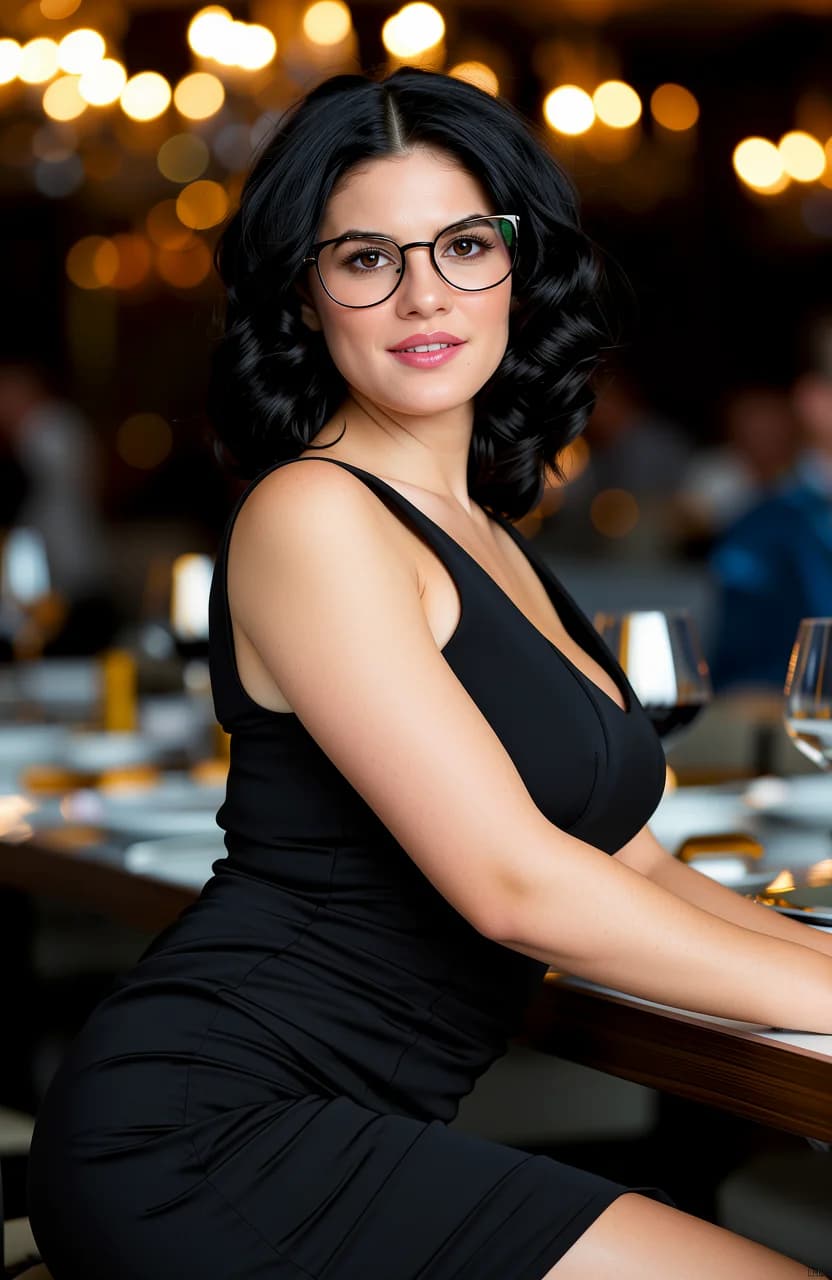 21-year-old Caucasian woman with fit body type, black curly hair, brown eyes, wearing elegant glasses, dressed in a form-fitting elegant knee-length skirt paired with a sophisticated blouse and heels, sitting casually in a relaxed pose with legs crossed and one arm draped over the back of an upscale restaurant booth, medium close-up from a low front angle emphasizing her poised elegance, luxurious restaurant setting with dim ambient lighting from crystal chandeliers casting warm golden highlights and soft shadows across polished wooden tables, white tablecloth, half-filled wine glass, candle flicker, moody sophisticated atmosphere with subtle bokeh background of blurred patrons and ornate decor, intense direct eye contact with confident allure and a subtle inviting smile, lips slightly parted, relaxed shoulders, natural skin sheen on collarbone, subtle muscle tension in toned arms, flawless posture with gentle curve to her spine, realistic body physics with firm pert breasts subtly outlined under blouse fabric, elegant glasses perched on nose bridge reflecting faint chandelier light. Flawless anatomy, no extra digits, no extra limbs, realistic skin texture, high-detail.