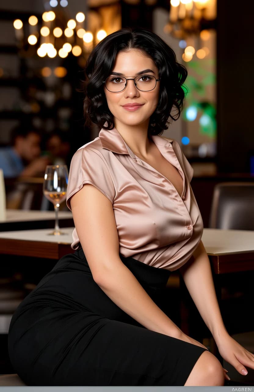 21-year-old Caucasian woman with fit body type, black curly hair, brown eyes, wearing elegant glasses, dressed in a form-fitting elegant knee-length skirt paired with a sophisticated blouse and heels, sitting casually in a relaxed pose with legs crossed and one arm draped over the back of an upscale restaurant booth, medium close-up from a low front angle emphasizing her poised elegance, luxurious restaurant setting with dim ambient lighting from crystal chandeliers casting warm golden highlights and soft shadows across polished wooden tables, white tablecloth, half-filled wine glass, candle flicker, moody sophisticated atmosphere with subtle bokeh background of blurred patrons and ornate decor, intense direct eye contact with confident allure and a subtle inviting smile, lips slightly parted, relaxed shoulders, natural skin sheen on collarbone, subtle muscle tension in toned arms, flawless posture with gentle curve to her spine, realistic body physics with firm pert breasts subtly outlined under blouse fabric, elegant glasses perched on nose bridge reflecting faint chandelier glow. Flawless anatomy, no extra digits, no extra limbs, realistic skin texture, high-detail.
