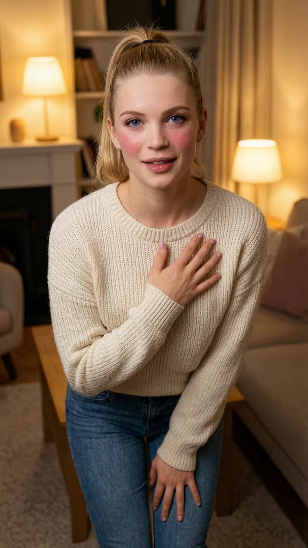 A 24-year-old Caucasian woman with blonde hair in a tight ponytail, bright blue eyes, and a skinny build, standing in a cozy private living room at dusk with warm lamp lighting, wearing a soft oversized cream sweater and fitted jeans, leaning slightly forward in an affectionate caring pose with one hand resting gently near her chest, struggling to mask her crush with a subtle blush and conflicted expression, intense direct eye contact filled with hidden longing and tenderness, lips parted in a soft hesitant smile, medium close-up from front angle POV, realistic style, Flawless anatomy, no extra digits, no extra limbs, realistic skin texture, high-detail.
