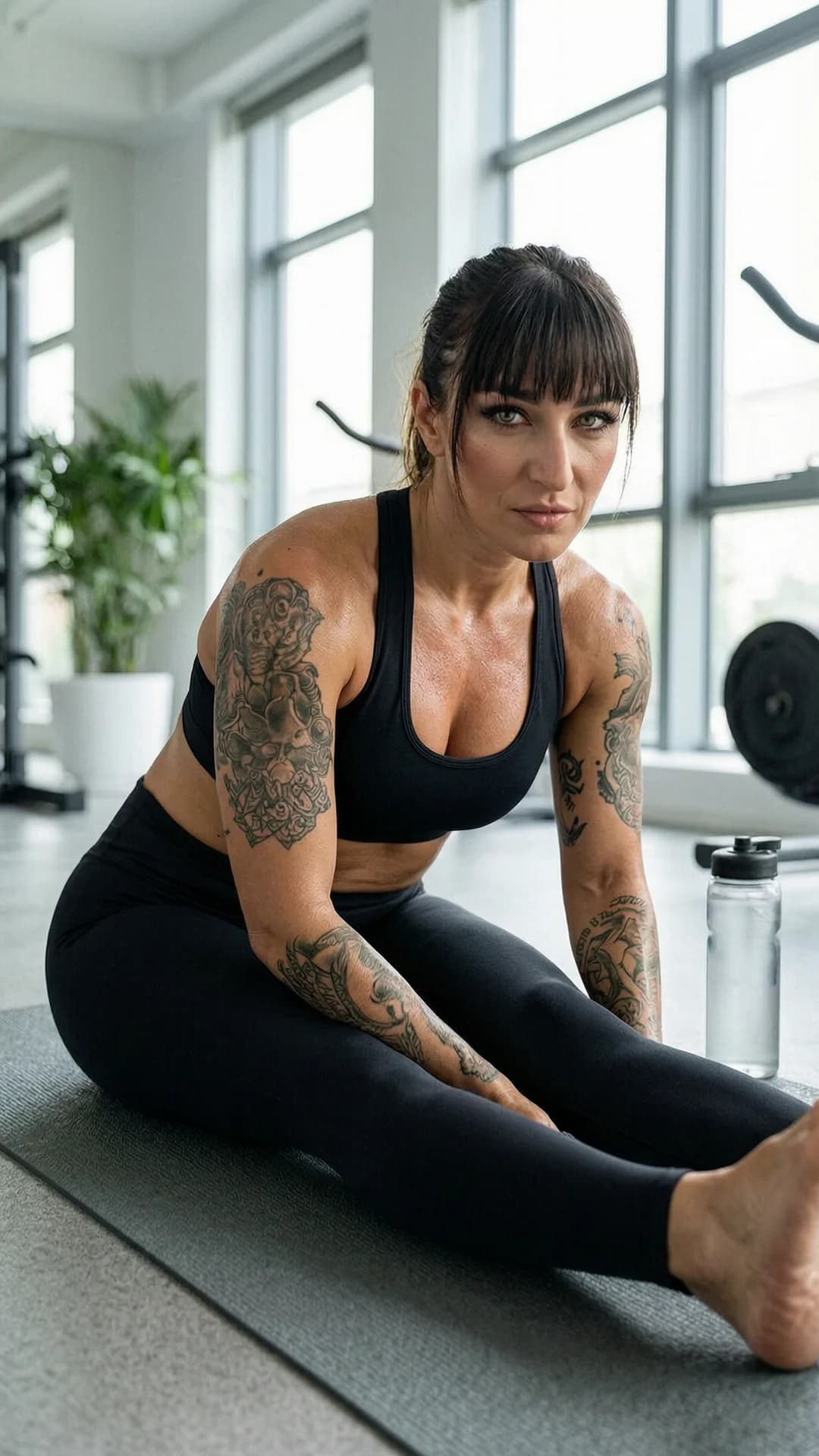 34-year-old Latina woman with muscular build, brunette hair with bangs, green eyes, visible tattoos across arms and torso, wearing tight form-fitting black yoga pants and a supportive sports bra, captured in a medium close-up from a three-quarter front angle at eye level inside a modern gym, performing a deep forward stretching pose on a yoga mat with legs extended and torso folded, natural window lighting casting soft highlights on her toned physique, intense direct eye contact with focused determination and motivational energy, lips pressed together, water bottle nearby on the floor, visible muscle tension and skin sheen from light sweat, fitness photography style, motivational atmosphere, healthy lifestyle vibe, Flawless anatomy, no extra digits, no extra limbs, realistic skin texture, high-detail.