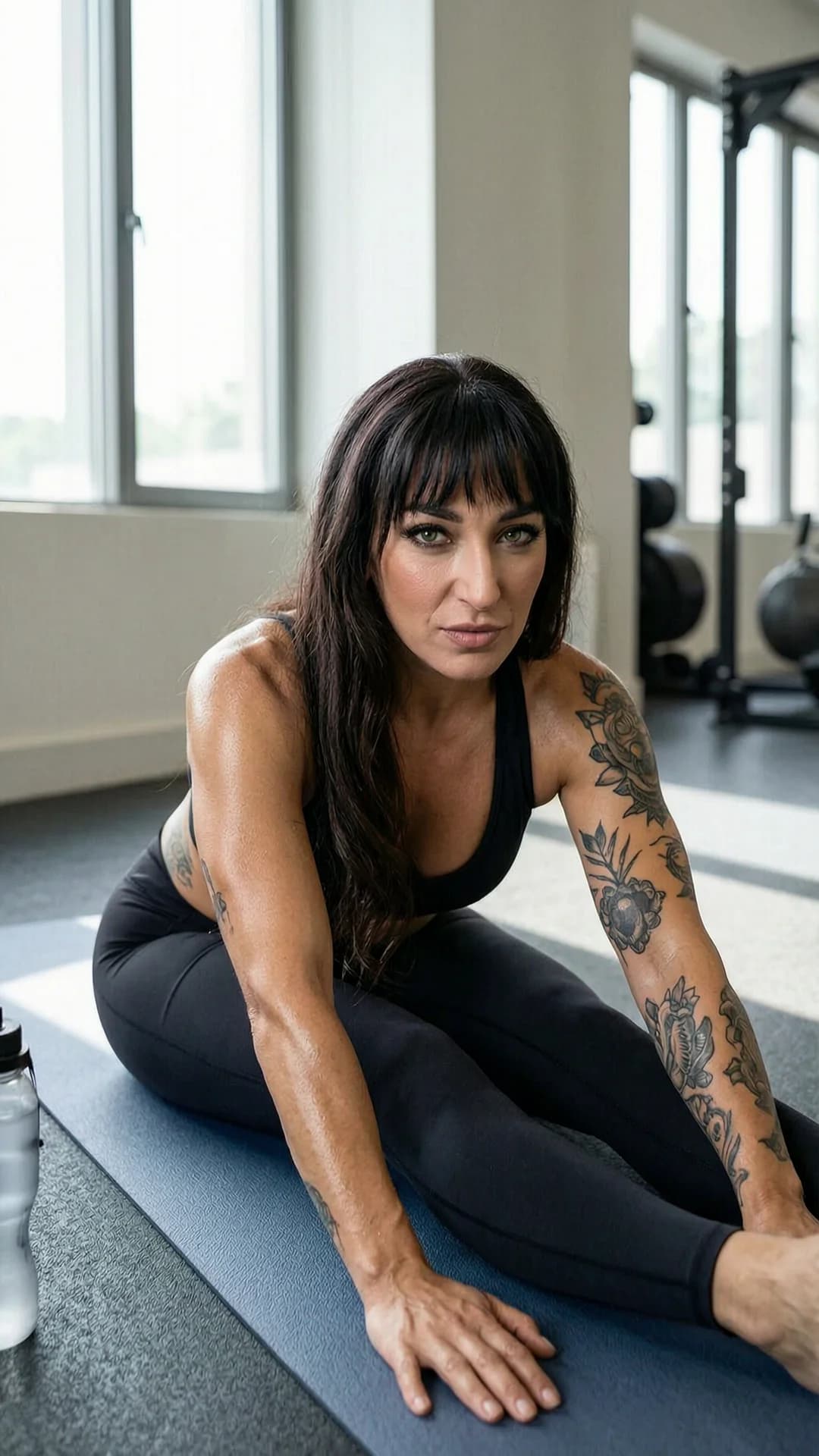 34-year-old Latina woman with muscular build, brunette hair with bangs, green eyes, visible tattoos across arms and torso, wearing tight form-fitting black yoga pants and a supportive sports bra, captured in a medium close-up from a three-quarter front angle at eye level inside a modern gym, performing a deep forward stretching pose on a yoga mat with legs extended and torso folded, natural window lighting casting soft highlights on her toned physique, intense direct eye contact with focused determination and motivational energy, lips pressed together, water bottle nearby on the floor, visible muscle tension and skin sheen from light sweat, fitness photography style, motivational atmosphere, healthy lifestyle vibe, Flawless anatomy, no extra digits, no extra limbs, realistic skin texture, high-detail.