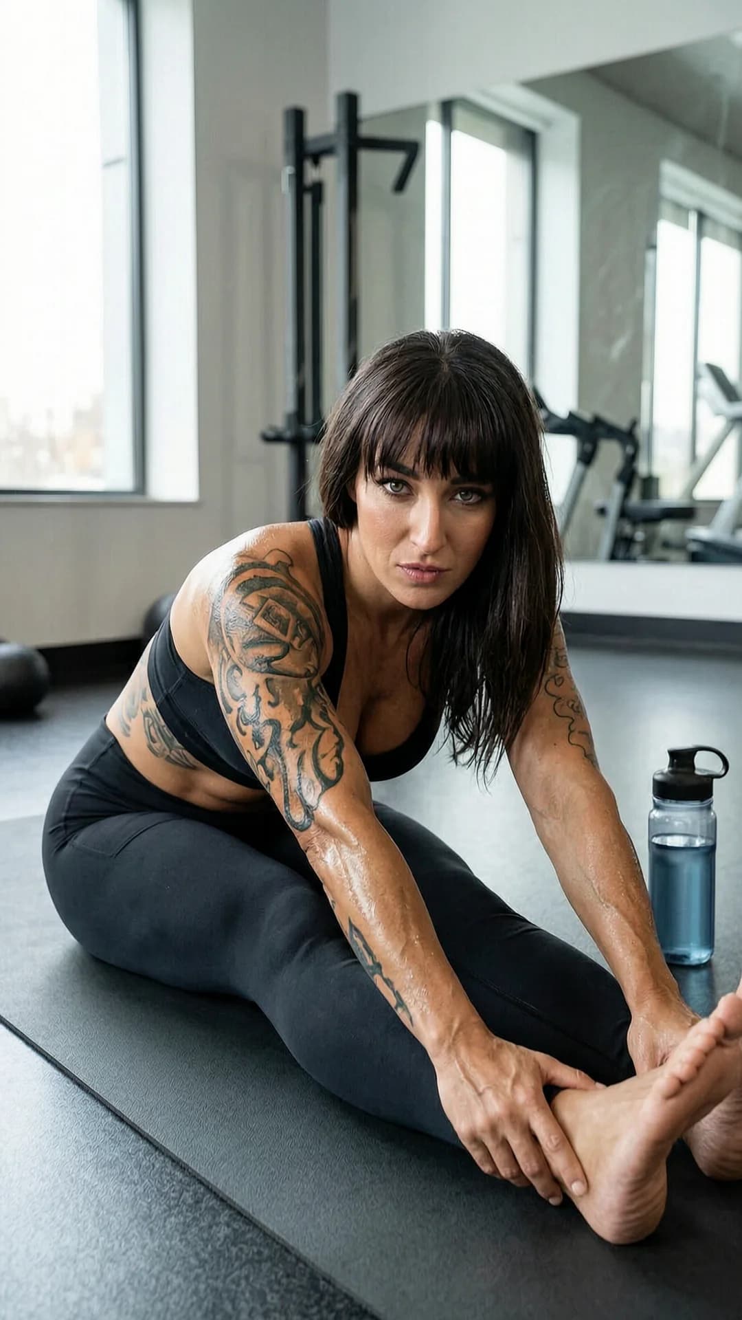 34-year-old Latina woman with muscular build, brunette hair with bangs, green eyes, visible tattoos across arms and torso, wearing tight form-fitting black yoga pants and a supportive sports bra, captured in a medium close-up from a three-quarter front angle at eye level inside a modern gym, performing a deep forward stretching pose on a yoga mat with legs extended and torso folded, natural window lighting casting soft highlights on her toned physique, intense direct eye contact with focused determination and motivational energy, lips pressed together, water bottle nearby on the floor, visible muscle tension and skin sheen from light sweat, fitness photography style, motivational atmosphere, healthy lifestyle vibe, Flawless anatomy, no extra digits, no extra limbs, realistic skin texture, high-detail.