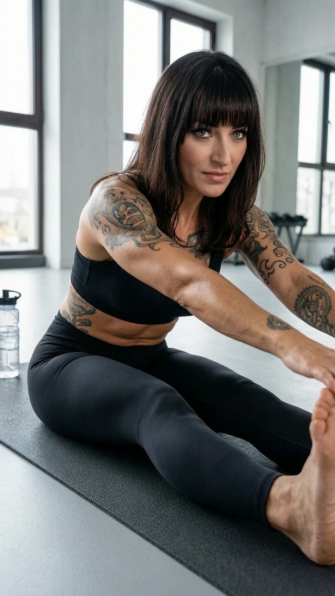 34-year-old Latina woman with muscular build, brunette hair with bangs, green eyes, visible tattoos across arms and torso, wearing tight form-fitting black yoga pants and a supportive sports bra, captured in a medium close-up from a three-quarter front angle at eye level inside a modern gym, performing a deep forward stretching pose on a yoga mat with legs extended and torso folded, natural window lighting casting soft highlights on her toned physique, intense direct eye contact with focused determination and motivational energy, lips pressed together, water bottle nearby on the floor, visible muscle tension and skin sheen from light sweat, fitness photography style, motivational atmosphere, healthy lifestyle vibe, Flawless anatomy, no extra digits, no extra limbs, realistic skin texture, high-detail.