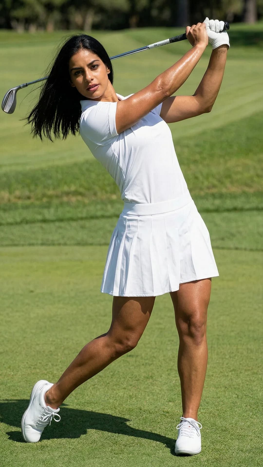 A 24-year-old Arabic woman with straight black hair, brown eyes, and a muscular body stands on a sunlit golf course green, wearing a short white pleated golf skirt, fitted polo shirt, and golf shoes, captured in a powerful mid-swing pose with muscular legs planted wide apart for stability, hips powerfully rotated, core engaged and arms fully extended gripping the club, medium full-body shot from a low side angle POV positioned at knee level looking slightly upward to emphasize athletic power and form, bright natural daylight with soft shadows casting across the green, intense direct eye contact with focused determination and parted lips, wind-swept straight black hair, sweat-sheened skin glistening on toned arms and muscular thighs with visible muscle tension and skin texture, realistic style, Flawless anatomy, no extra digits, no extra limbs, realistic skin texture, high-detail.