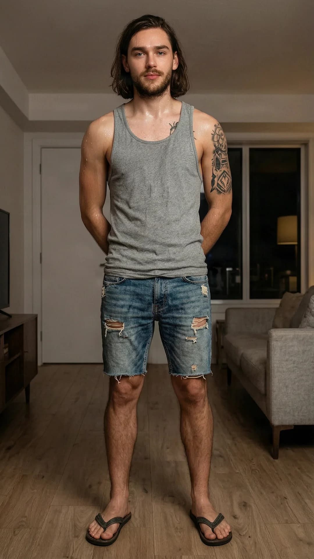 A 27-year-old Caucasian muscular man with long brown hair, blue eyes, beard, and visible tattoos, wearing a grey tank top, torn jean shorts, and flip flops, standing with arms behind his back in a full body frontal view inside a dimly lit modern apartment, sweaty glistening skin with visible sweat droplets on his muscular arms and chest, relaxed confident posture, direct intense eye contact with the viewer showing a calm neutral expression, realistic style, soft indoor lighting casting subtle shadows, full body composition from eye-level angle. Flawless anatomy, no extra digits, no extra limbs, realistic skin texture, high-detail.