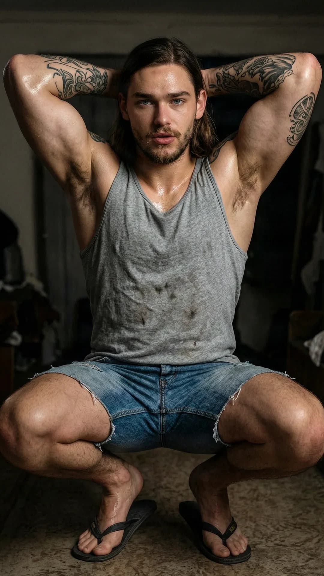 A 27-year-old Caucasian muscular man with long brown hair, blue eyes, beard and prominent tattoos, wearing a grey tank top, torn jean shorts and flip flops, squatting low with knees bent wide and arms raised behind his head in a full body frontal eye-level view inside a dimly lit indoor room, sweaty glistening skin with visible sheen and muscle tension across his broad chest and thick thighs, intense direct eye contact with the viewer conveying confident determination and lips slightly parted, realistic style, cinematic lighting casting soft highlights on his physique, Flawless anatomy, no extra digits, no extra limbs, realistic skin texture, high-detail.