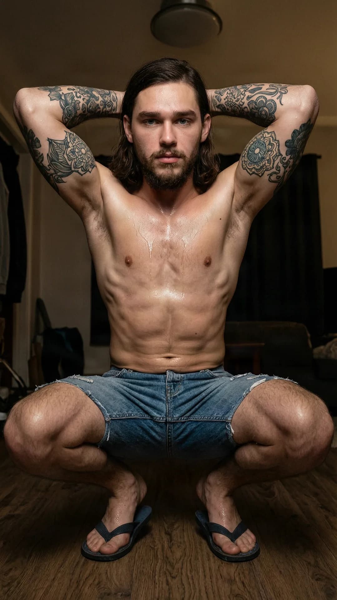 A 27-year-old Caucasian muscular man with long brown hair, blue eyes, beard, and intricate tattoos, shirtless in torn jean shorts and flip flops, sweaty glistening skin with visible muscle tension and sheen, squatting low with arms raised behind his head flexing his torso and thighs, full body view from a low frontal angle in a dimly lit indoor room with soft overhead lighting casting dramatic shadows across his defined physique, direct intense eye contact with the viewer conveying raw confidence and exertion, realistic style, Flawless anatomy, no extra digits, no extra limbs, realistic skin texture, high-detail.