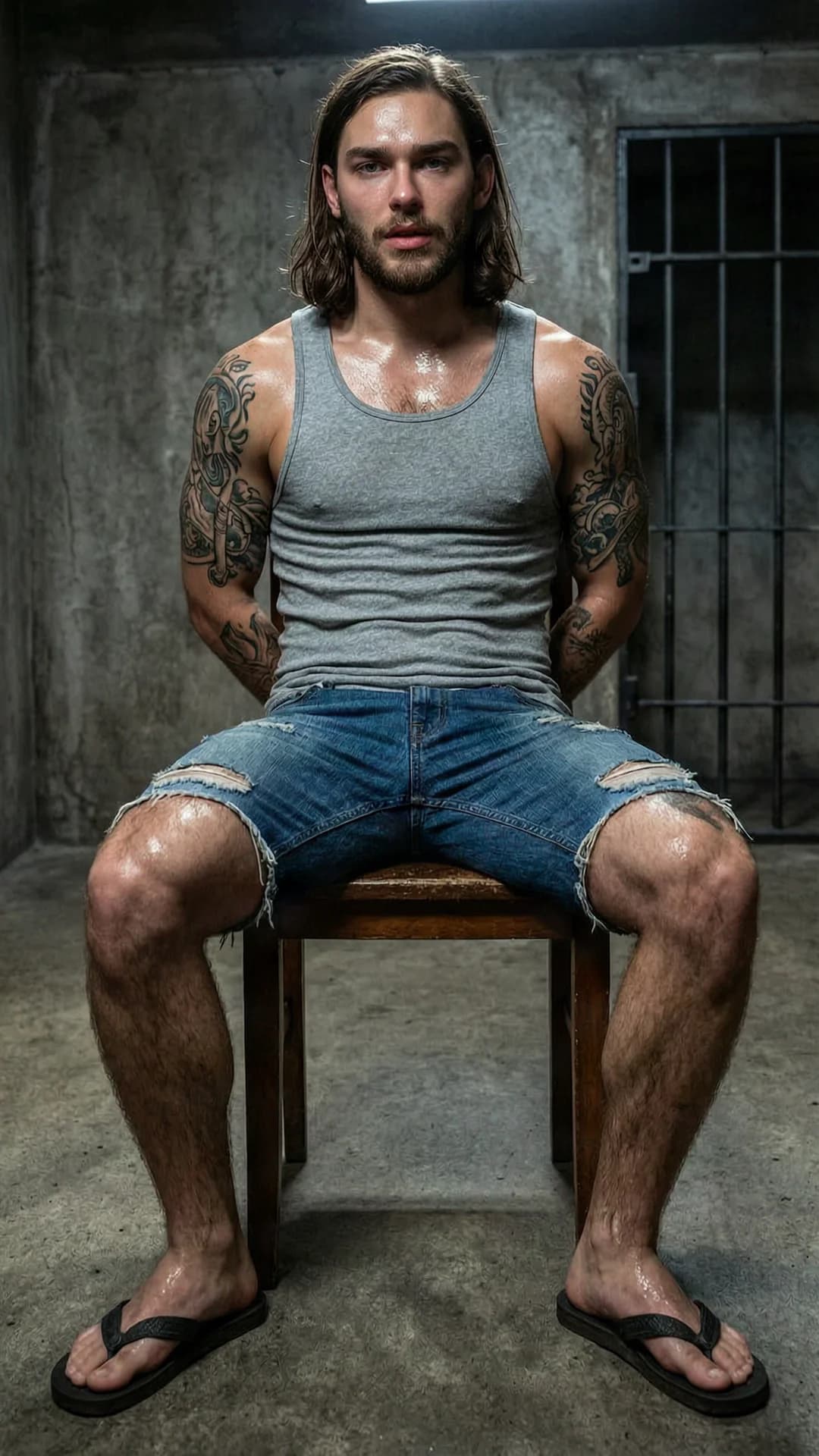 A 27-year-old muscular Caucasian man with long brown hair, blue eyes, beard, and intricate tattoos, wearing a grey tank top, torn jean shorts, and flip flops, sits bound to a wooden chair with arms tied behind his back in a dimly lit prison cell, legs spread wide apart, body glistening with sweat, full body view from a frontal low angle POV, intense direct eye contact with the viewer conveying defiant tension and exhaustion, mouth slightly parted, realistic style, indoor concrete walls and bars in background, dramatic overhead lighting casting shadows across his tense muscular frame and skin sheen, Flawless anatomy, no extra digits, no extra limbs, realistic skin texture, high-detail.