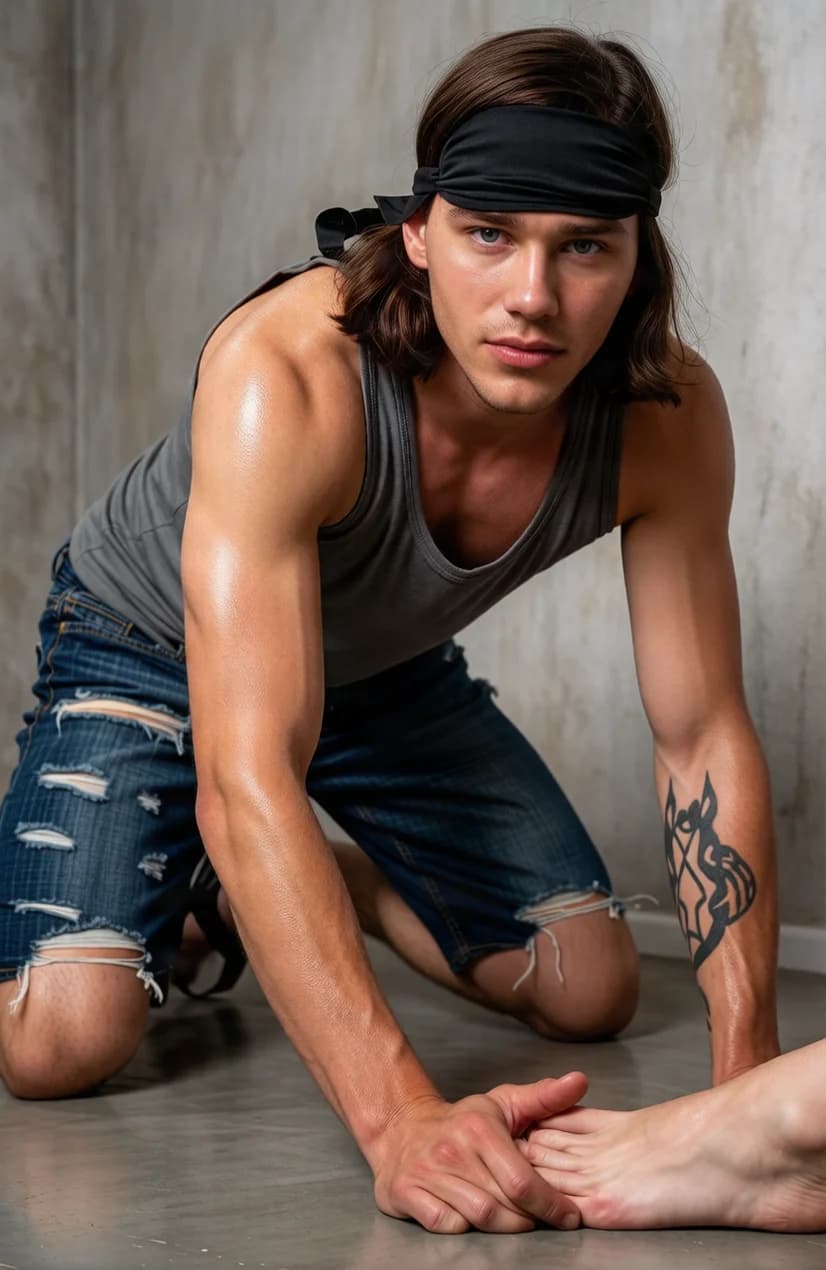 A 27-year-old muscular Caucasian man with long brown hair, blue eyes, beard and intricate tattoos, wearing a grey tank top, torn jean shorts and flip flops, sweaty skin glistening under harsh indoor lighting, blindfolded and on all fours in a stark prison cell, full body view from a low three-quarter side angle, leaning forward to kiss a woman's bare foot in a femdom scene, muscular body tensed with submission, long hair draped over the blindfold, powerful arms and legs positioned for balance, realistic style, Flawless anatomy, no extra digits, no extra limbs, realistic skin texture, high-detail.
