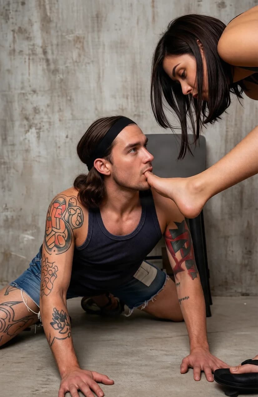 A 27-year-old Caucasian muscular man with long brown hair, blue eyes, beard, intricate tattoos and sweaty glistening skin, wearing a tight grey tank top, torn jean shorts and flip flops, blindfolded and on all fours in a stark concrete prison cell, leaning forward to kiss the dominant woman's bare foot with lips parted in submission, full body view from a low side angle capturing his arched muscular back, tensed arms and legs, visible body strain and sweat-slicked skin texture, the woman standing over him with her foot extended, her intense downward eye contact radiating commanding dominance and control, nsfw femdom scene with explicit focus on his submissive posture and physical tension, Flawless anatomy, no extra digits, no extra limbs, realistic skin texture, high-detail.