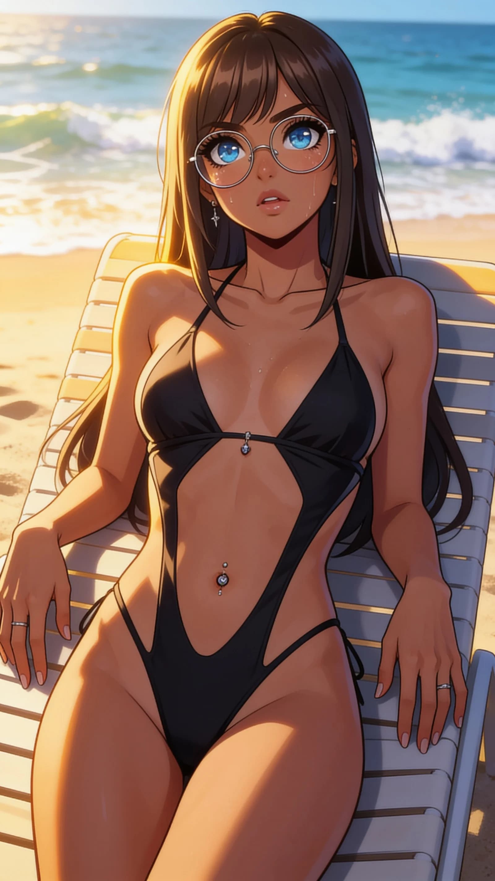 anime style, 2D cel-shaded anime illustration, anime key visual, flat cel shading, clean bold line art, vibrant saturated colors, large detailed expressive anime eyes with crisp catchlights, flat 2D rendering, not photorealistic, not 3D render, 24-year-old Latina woman with skinny body type, long brunette hair with straight bangs, bright blue eyes, wearing stylish glasses, belly button piercing and visible nipple piercings through her top, reclining seductively on a beach lounger while tanning under bright sunlight, wearing a stylish revealing bikini with thin straps, head-to-mid-thigh vertical 9:16 portrait framing with the character centered and filling the frame, medium close-up from a low three-quarter angle looking down at her, intense upward eye contact with relaxed seductive lust and parted lips, soft golden-hour beach lighting with warm rim highlights and gentle shadows accentuating her curves and piercings, ocean waves and sand visible in soft focus background, mood of relaxed summer sensuality, detailed anime cel shading, crisp clean linework, correct anatomy, hands cleanly drawn with five fingers, studio-quality anime key visual; avoid: photorealistic, 3D render, extra fingers, deformed hands, blurry, low detail.