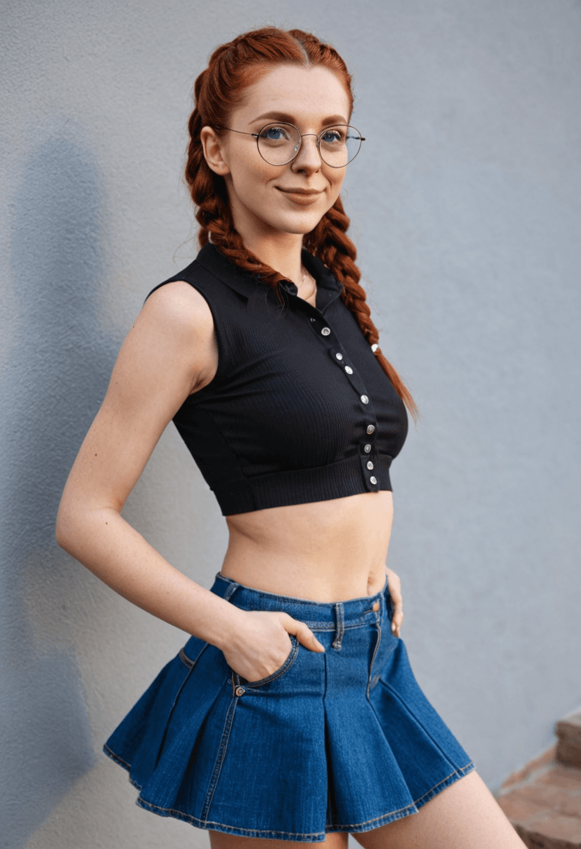 Wearing short black tennis skirt and a crop top shirt, portrait picture, looking at the viewer with a smile, wearing fitted blue jeans, wearing an elegant knee-length skirt