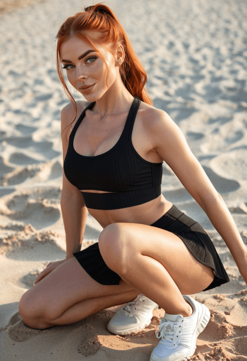 Wearing short black tennis skirt and a crop top shirt, portrait picture, looking at the viewer with a smile, wearing a stylish bikini on the beach, squatting position, athletic pose, tanning on a beach lounger