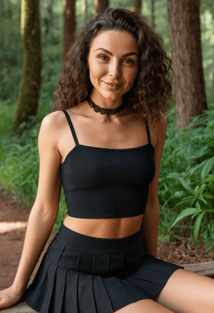 Wearing short black tennis skirt and a crop top shirt, portrait picture, looking at the viewer with a smile, wearing a fashionable mini skirt, sitting casually, relaxed pose, wearing a fashionable choker, in a lush green forest