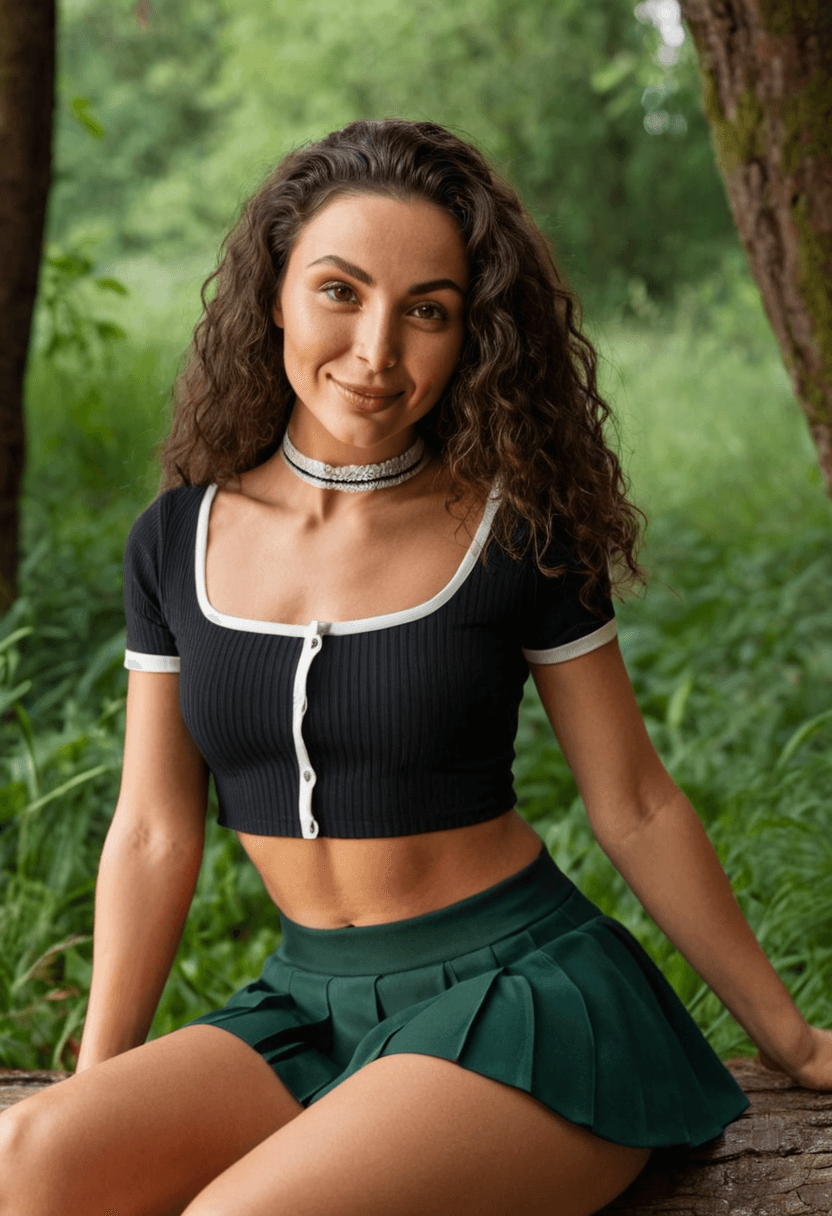 Wearing short black tennis skirt and a crop top shirt, portrait picture, looking at the viewer with a smile, wearing a fashionable mini skirt, sitting casually, relaxed pose, wearing a fashionable choker, in a lush green forest