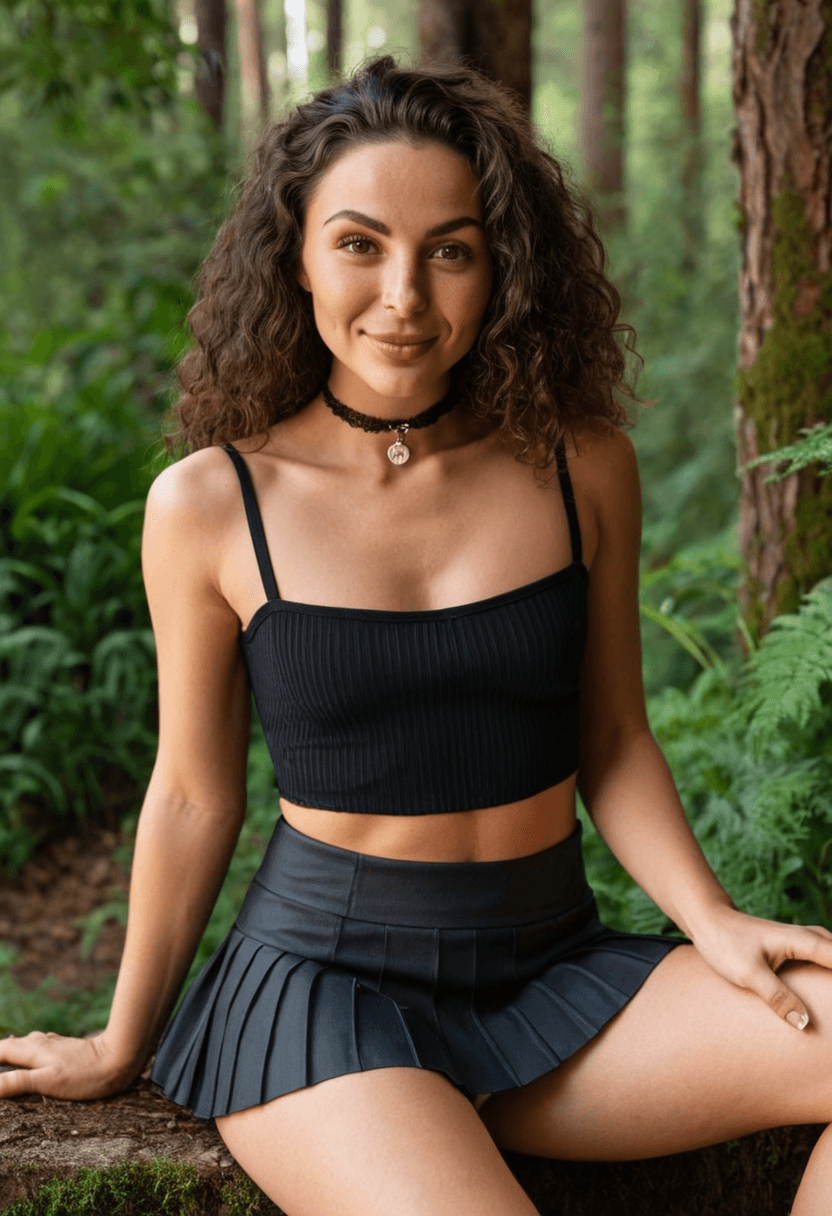 Wearing only a short black tennis skirt and nothing else, portrait picture, looking at the viewer with a smile, wearing a fashionable mini skirt, sitting casually, relaxed pose, wearing a fashionable choker, in a lush green forest
