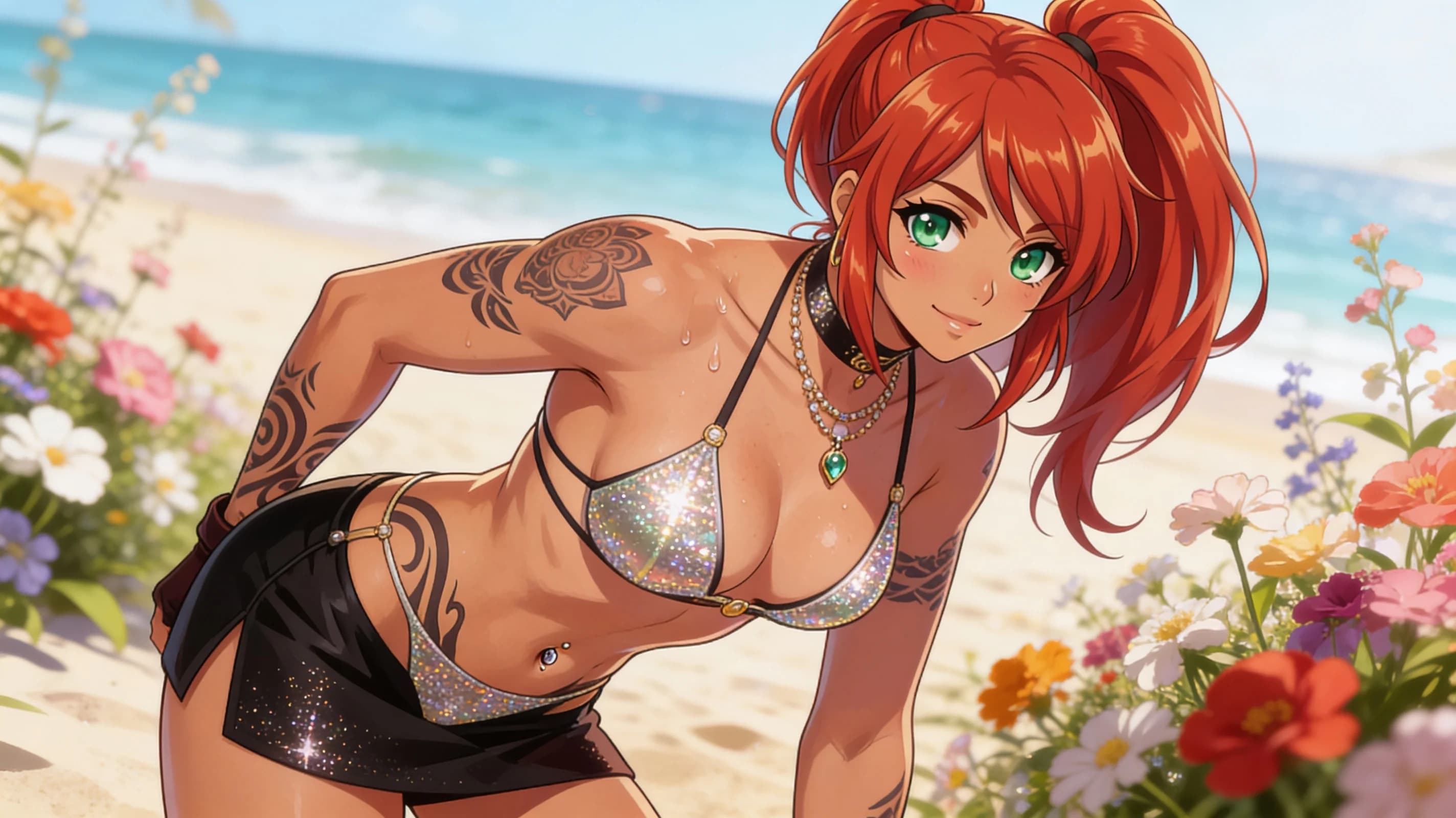 A 21-year-old Arabic woman with red hair in a ponytail, green eyes, fit body type and radiant skin, artistic tattoos visible across her arms and shoulders, belly piercings and nipple piercings, squatting in an athletic stretching pose with graceful body tension and subtle muscle flexion on a sunny beach in a beautiful garden with flowers and ocean waves, wearing a stylish revealing bikini that clings to her slim figure with visible fabric texture and subtle skin contact plus an elegant necklace, fashionable choker and a fashionable mini skirt, full body frontal shot from eye-level camera angle with intense direct eye contact and seductive gaze, relaxed elegant pose with subtle athletic grace, soft natural daylight highlighting her features and creating gentle skin sheen with sweat drops and blush marks, joyful energetic mood, anime style, high-quality illustration. Flawless anatomy, no extra digits, no extra limbs, detailed anime shading, high-quality illustration.