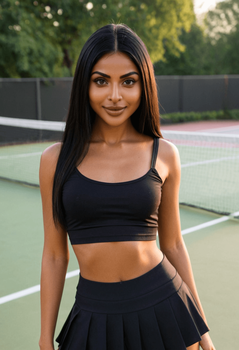 Wearing short black tennis skirt and a crop top shirt, portrait picture, looking at the viewer with a smile
