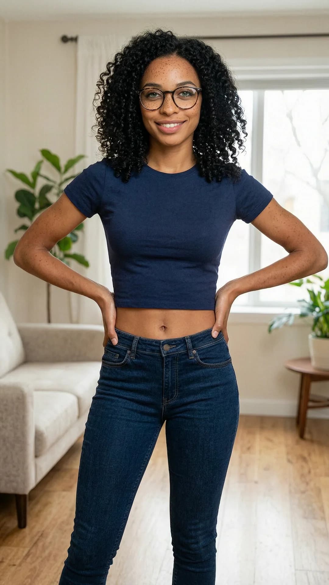 A 21-year-old black woman with curly black hair, green eyes, average body type, freckles across her cheeks and wearing stylish glasses, standing confidently in a full body frontal shot at eye level, wearing a fitted dark blue crop top shirt that exposes a sliver of midriff and tight dark blue jeans hugging her hips and legs, direct eye contact with the viewer paired with a warm genuine smile and relaxed posture, hands lightly resting on her hips, casual modern living room setting with soft natural window lighting casting gentle highlights on her skin and curly hair, confident and approachable mood, subtle body physics with natural fabric tension on clothing, Flawless anatomy, no extra digits, no extra limbs, realistic skin texture, high-detail.