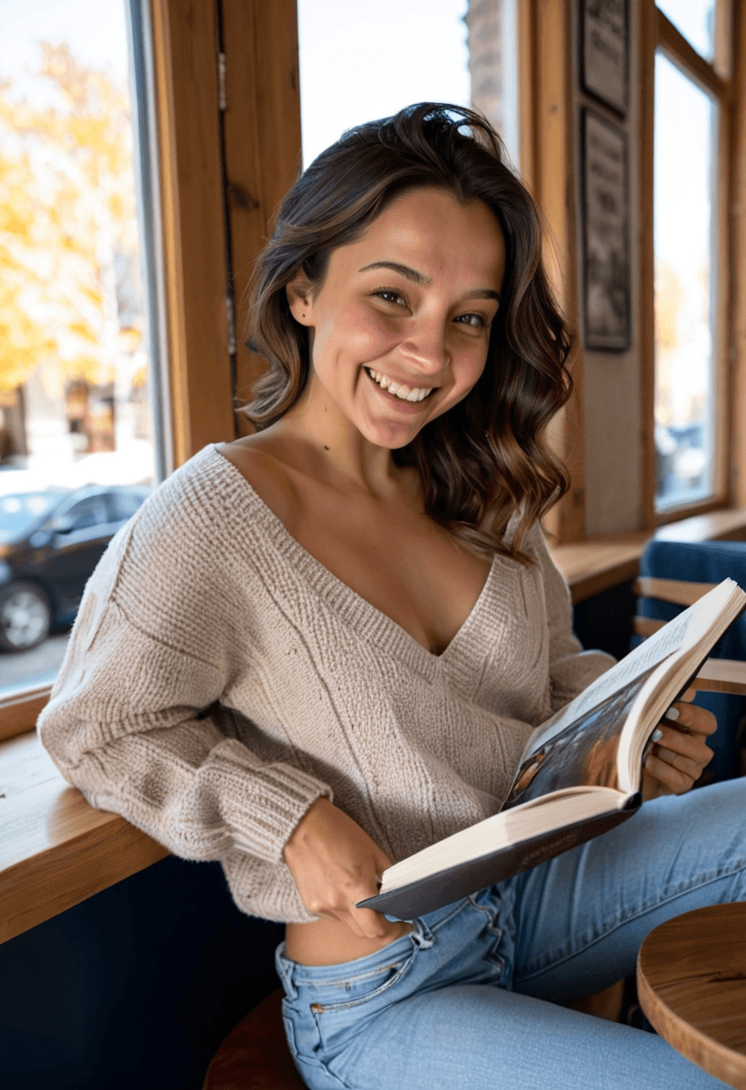 Relaxed woman wearing fitted jeans and cozy oversized sweater, sitting in trendy coffee shop with latte, natural sunlight through large windows, genuine laughing expression, casual lifestyle photography, warm autumn colors, holding book, comfortable and approachable vibe, wearing a stylish bikini on the beach