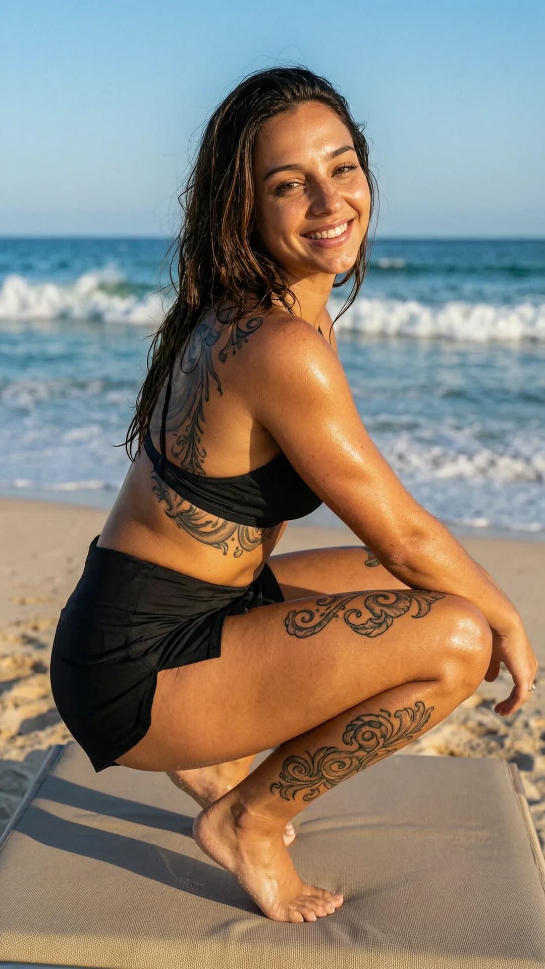 23-year-old Latina woman with fit athletic body, long brunette hair, brown eyes, freckles across her nose and cheeks, bright inviting smile, realistic style, squatting dynamically in an athletic pose on a sunny beach lounger with ocean waves crashing in the background, wearing a short black tennis skirt that rides up slightly revealing toned thighs, a cropped top shirt clinging to her midriff, and a stylish bikini underneath with thin straps accentuating her curves, portrait medium close-up from a low front angle looking up at her, intense direct eye contact with the viewer conveying playful seductive joy, lips parted in a bright smile, body physics showing firm perky breasts subtly outlined under the crop top, taut muscle tension in quads and glutes from squat, sun-kissed golden skin sheen with light sweat glow from tanning, artistic tattoos swirling elegantly on her shoulders and thighs catching the sunlight, vibrant tropical beach setting with clear blue sky, warm golden hour lighting casting soft shadows and highlights on her glistening skin, cinematic mood of carefree summer allure, flawless anatomy, no extra digits, no extra limbs, realistic skin texture, high-detail.
