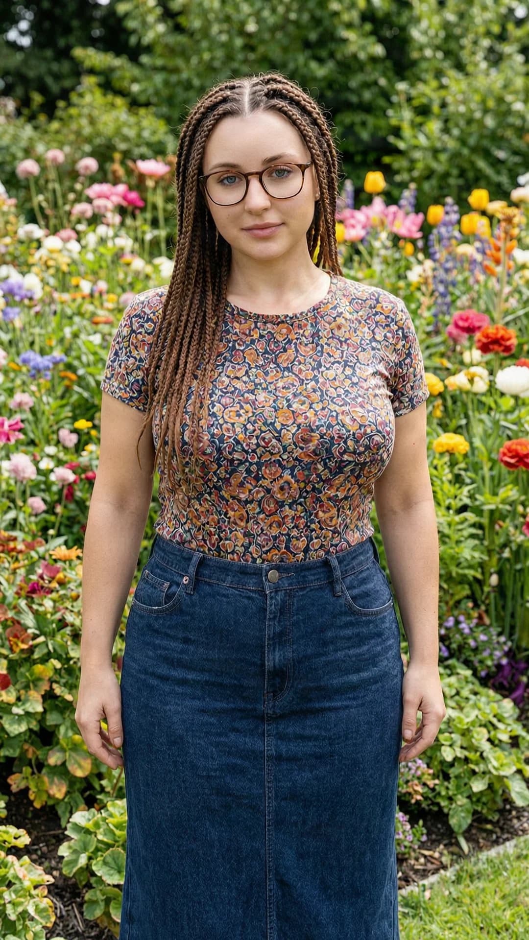 A 24-year-old Caucasian woman with brunette braids, blue eyes, fit body and wearing glasses stands confidently in a beautiful garden with colorful flowers, enormous saggy tits fully exposed and popping out of her dress with visible nipples and soft pendulous texture, full body frontal shot, direct intense eye contact with the viewer showing confident seduction, lips parted, nsfw, explicit anatomical detail of heavy hanging breasts, skin sheen, body tension, realistic style, Flawless anatomy, no extra digits, no extra limbs, realistic skin texture, high-detail.