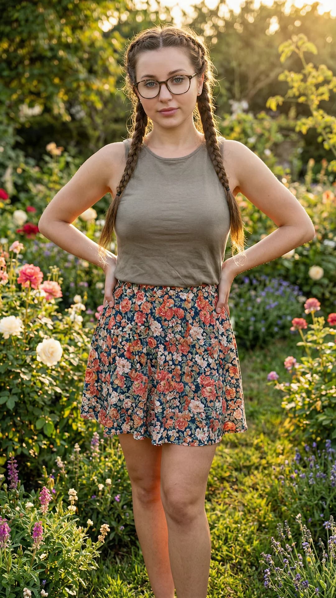 A 24-year-old Caucasian woman with a fit body, brunette braids, piercing blue eyes, and glasses, standing confidently topless in a sunlit beautiful garden filled with colorful flowers, full body frontal view from eye level, enormous saggy tits fully exposed with detailed soft pendulous shape, visible nipples and natural skin texture, nsfw, direct intense eye contact with confident seductive expression and lips parted, hands on hips, lower body in a short flowing skirt, warm golden hour lighting highlighting body curves and subtle sheen on skin, realistic style, Flawless anatomy, no extra digits, no extra limbs, realistic skin texture, high-detail.