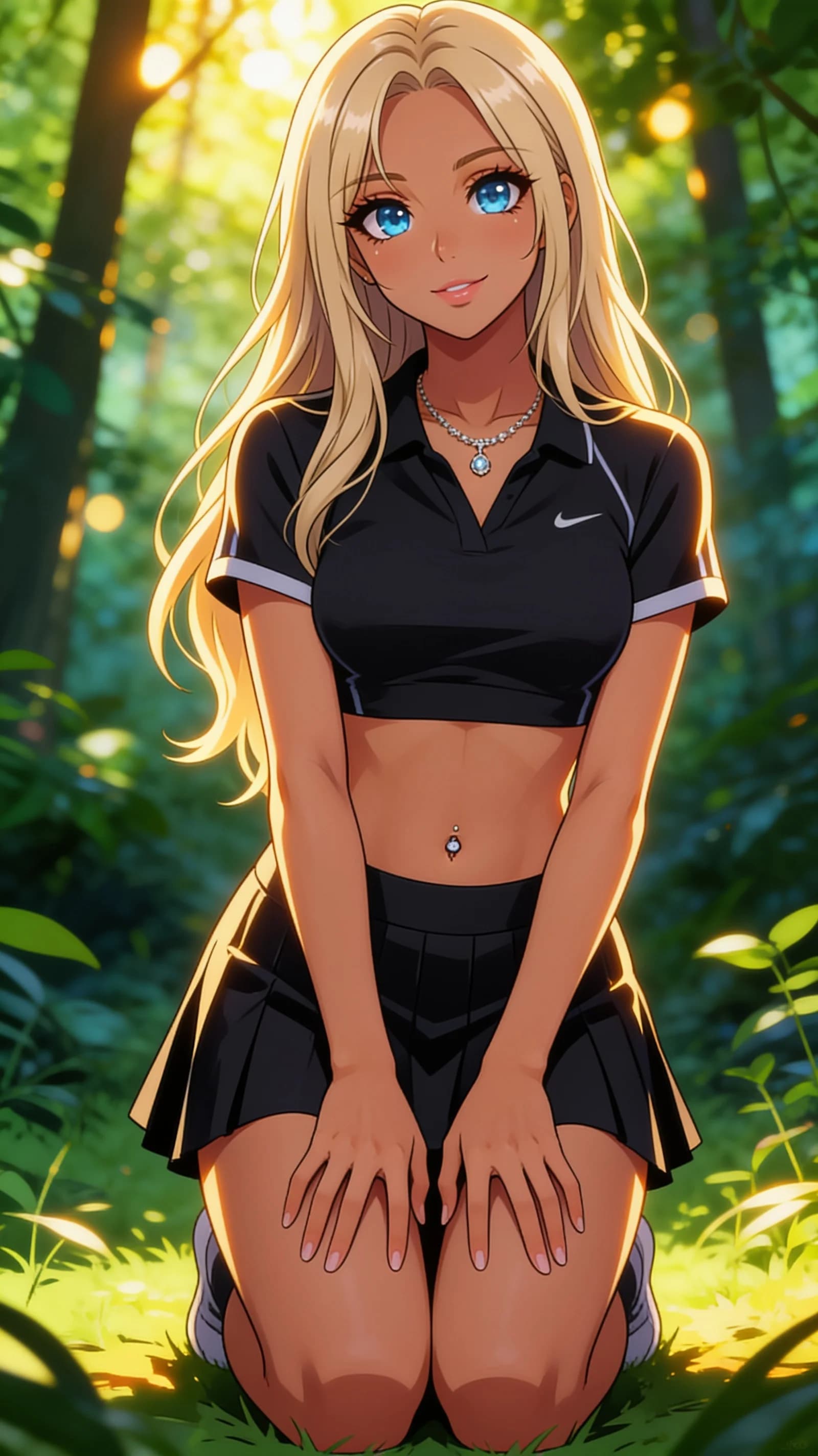 anime style, 2D cel-shaded anime illustration, anime key visual, flat cel shading, clean bold line art, vibrant saturated colors, large detailed expressive anime eyes with crisp catchlights, flat 2D rendering, not photorealistic, not 3D render, 21-year-old Latina woman with long blonde hair, blue eyes, fit body type, visible belly piercings, wearing a short black tennis skirt and a crop top shirt with an elegant necklace, kneeling elegantly in a lush green forest with soft dappled sunlight filtering through the canopy and warm golden-hour rim light highlighting her form, waist-up vertical portrait composition centered and filling the frame, direct eye contact with the viewer and a bright gentle smile, elegant posture with hands resting gracefully on her thighs, detailed anime cel shading, crisp clean linework, correct anatomy, hands cleanly drawn with five fingers, studio-quality anime key visual; avoid: photorealistic, 3D render, extra fingers, deformed hands, blurry, low detail.