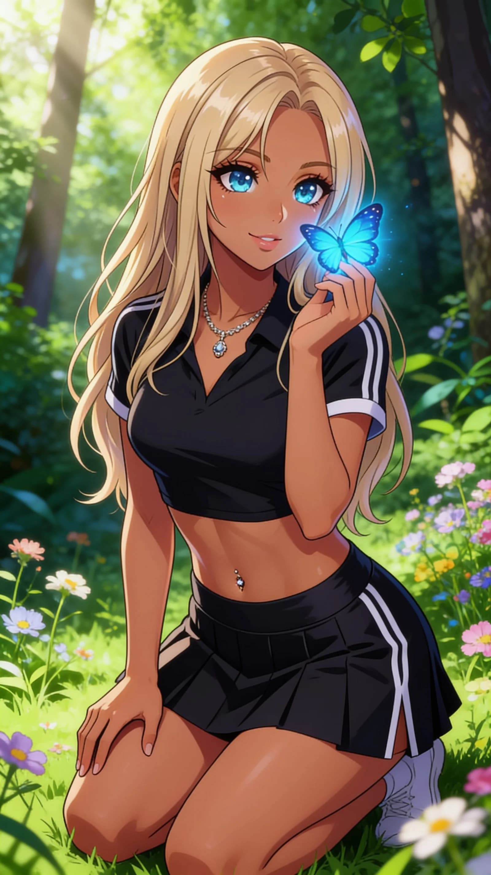 anime style, 2D cel-shaded anime illustration, anime key visual, flat cel shading, clean bold line art, vibrant saturated colors, large detailed expressive anime eyes with crisp catchlights, flat 2D rendering, not photorealistic, not 3D render, 21-year-old Latina woman with long blonde hair, blue eyes, fit body type, visible belly piercings, wearing a short black tennis skirt and a crop top shirt with an elegant necklace, kneeling elegantly in a lush green forest with soft dappled sunlight filtering through the canopy and warm golden-hour rim light highlighting her form, waist-up vertical portrait composition centered and filling the frame, direct eye contact with the viewer and a bright gentle smile, elegant posture with hands resting gracefully on her thighs, detailed anime cel shading, crisp clean linework, correct anatomy, hands cleanly drawn with five fingers, studio-quality anime key visual; avoid: photorealistic, 3D render, extra fingers, deformed hands, blurry, low detail.