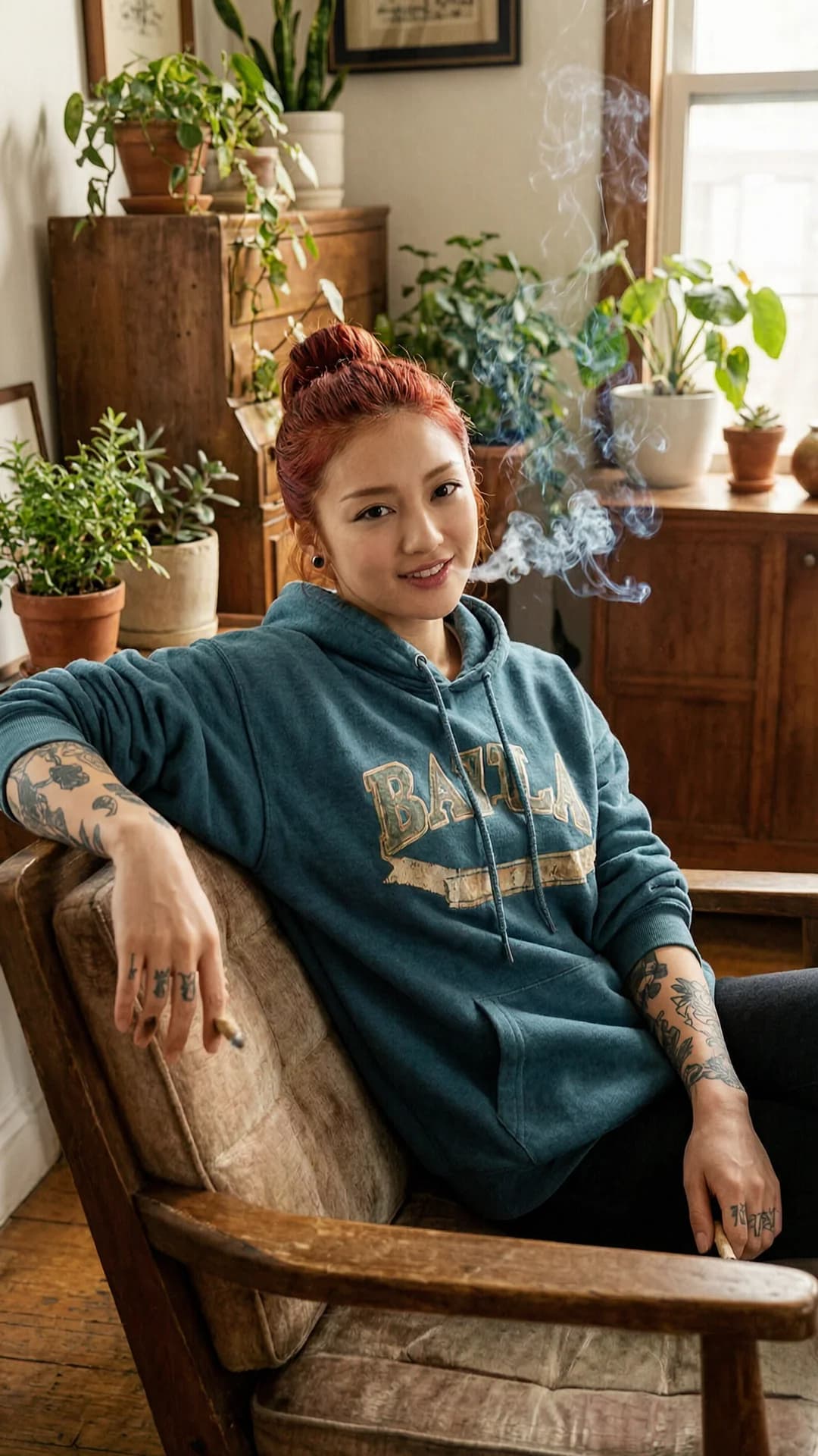 21-year-old muscular Asian woman with red hair in a bun, brown eyes, and visible tattoos, casually hanging out in an apartment with lush plants, wood accents and retro furniture, wearing an oversized Baja hoodie, smiling warmly while smoking a blunt, medium close-up from a slight three-quarter angle with direct relaxed eye contact and friendly smile toward the viewer, leaning back on a vintage couch with one arm draped over the backrest, soft warm indoor lighting, chill relaxed mood, detailed hoodie fabric and smoke wisps, muscular arms and shoulders visible, Flawless anatomy, no extra digits, no extra limbs, realistic skin texture, high-detail.