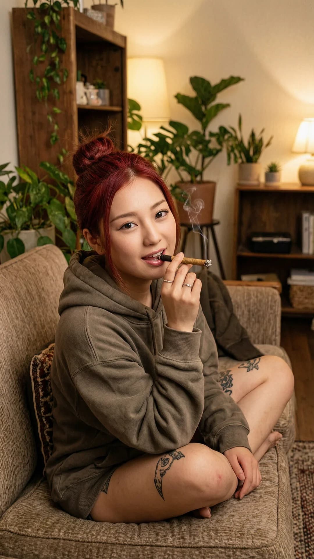 A 21-year-old Asian woman with a muscular build, red hair tied in a bun, brown eyes, and visible tattoos casually hanging out while smiling warmly in a cozy apartment featuring lush plants, warm wood accents, and retro furniture, wearing an oversized Baja hoodie, holding a lit blunt to her lips with one hand, relaxed seated pose with legs crossed on a vintage couch, soft warm ambient lighting casting gentle shadows, medium close-up from a slight three-quarter angle, direct eye contact with a relaxed friendly smile and lips gently parted around the blunt, cinematic mood of casual comfort, Flawless anatomy, no extra digits, no extra limbs, realistic skin texture, high-detail.
