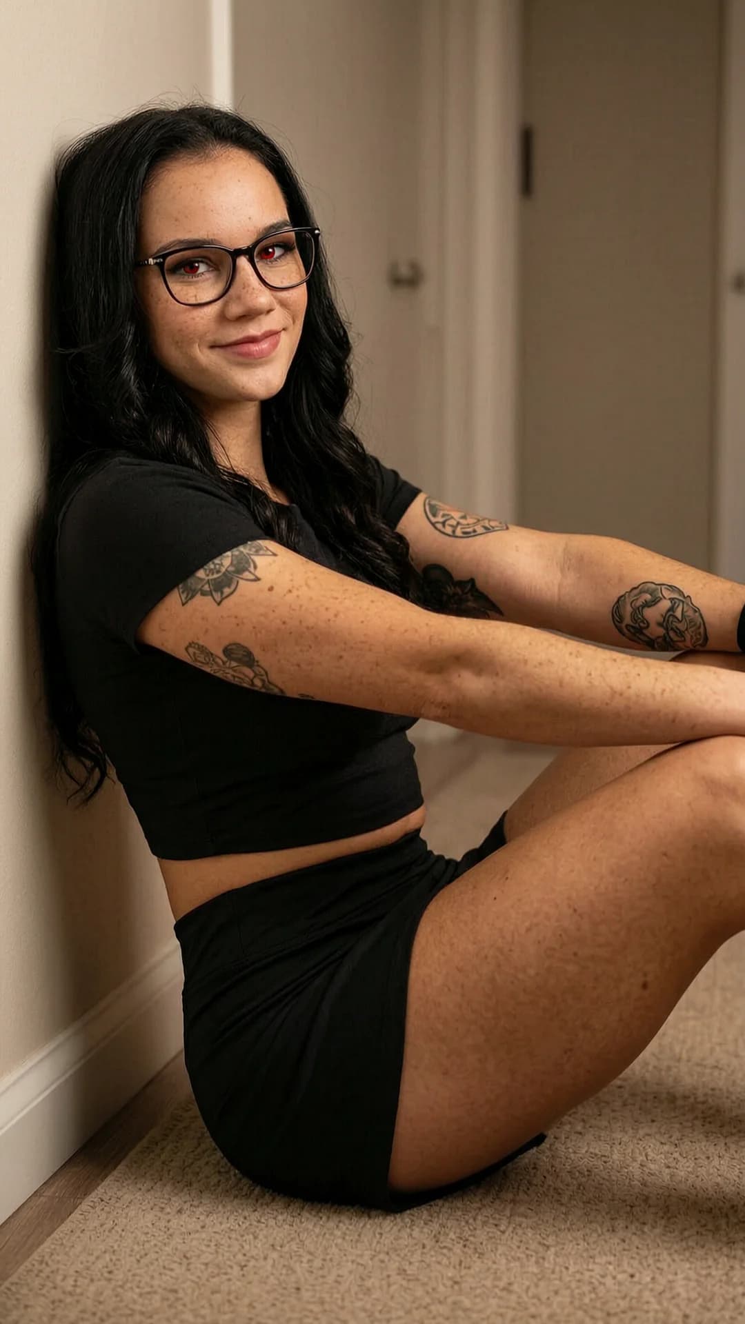 A 21-year-old Caucasian woman with a muscular build, long black hair, piercing red eyes, freckles across her cheeks, wearing glasses and visible tattoos, dressed in a short black tennis skirt and tight crop top shirt, sitting on the floor with her back slightly arched against the wall and knees bent upward, captured from a three-quarter side angle POV with intense direct eye contact and a warm confident smile, soft cinematic lighting highlighting muscle tension and skin sheen on her toned thighs and midriff, relaxed yet confident pose with natural fabric drape and subtle shadows, intimate indoor setting, Flawless anatomy, no extra digits, no extra limbs, realistic skin texture, high-detail.