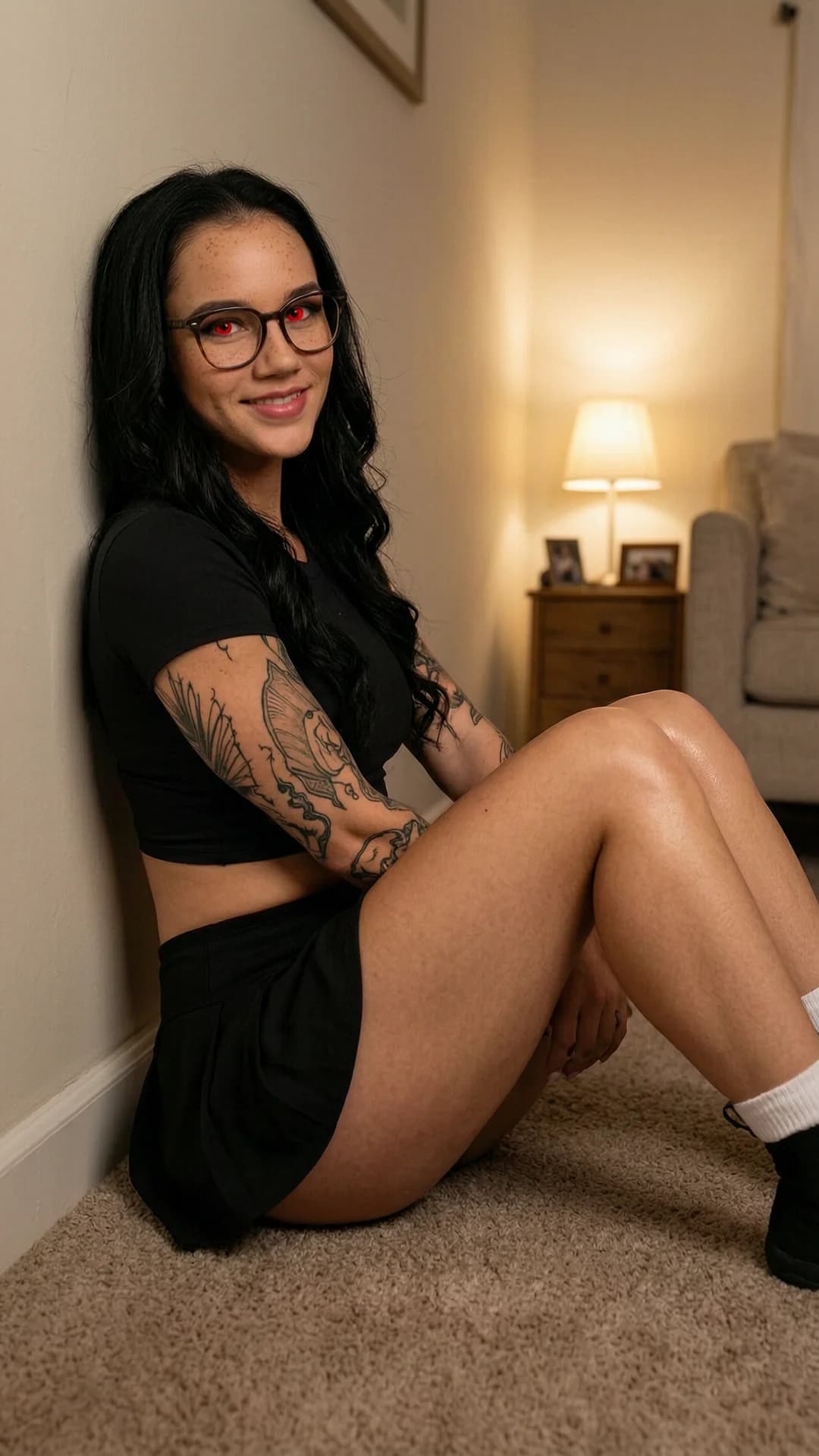 A 21-year-old Caucasian woman with a muscular build, long black hair, piercing red eyes, freckles across her cheeks, wearing glasses and visible tattoos, dressed in a short black tennis skirt and tight crop top shirt, sitting on the floor with her back slightly arched against the wall and knees bent upward, captured from a three-quarter front angle POV emphasizing legs with direct eye contact and a warm smile, soft cinematic lighting highlighting muscle tension and skin sheen on her toned thighs and midriff, relaxed yet confident pose with natural fabric drape and subtle shadows, intimate indoor setting, Flawless anatomy, no extra digits, no extra limbs, realistic skin texture, high-detail.