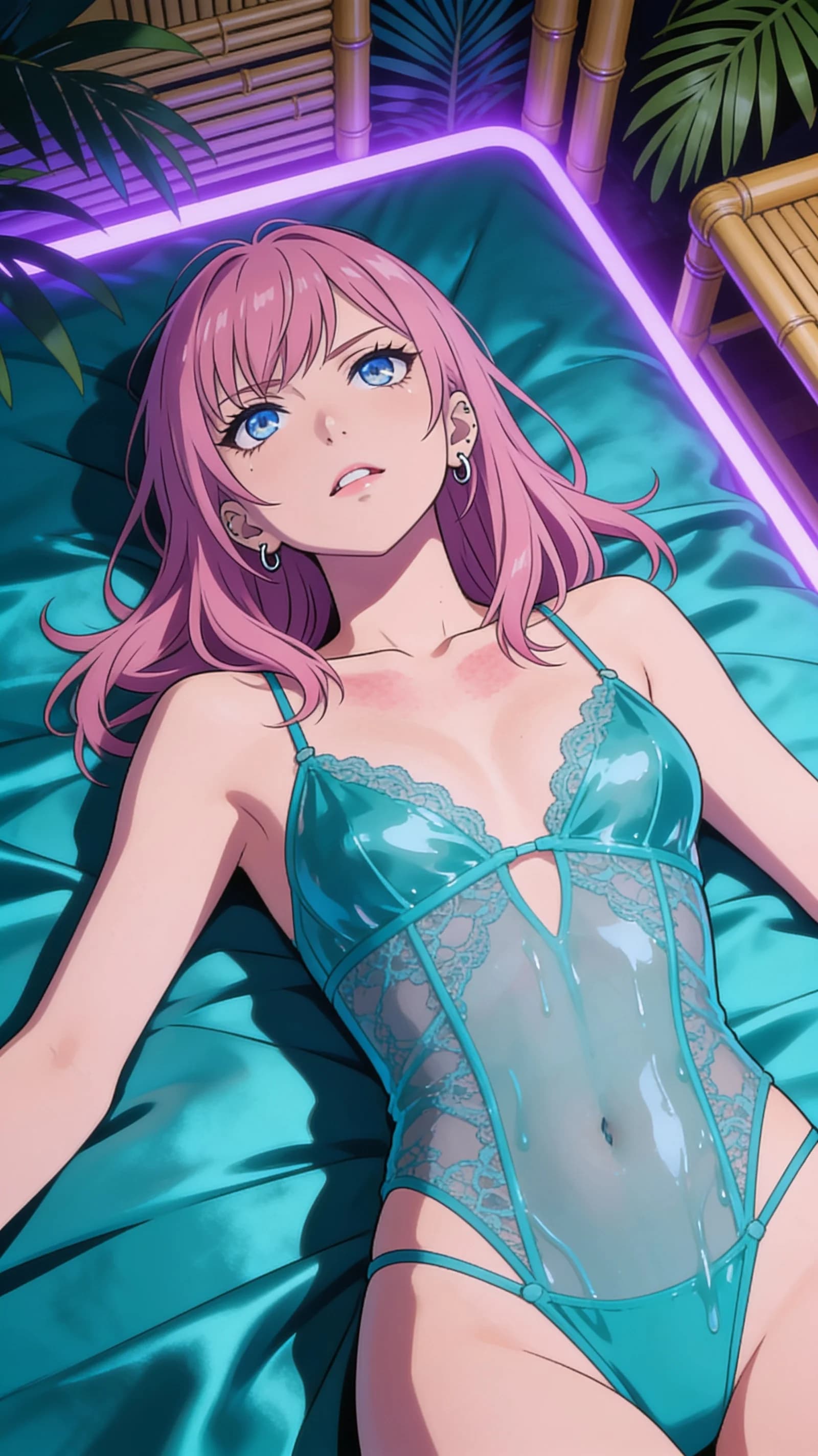 anime style, 2D cel-shaded anime illustration, anime key visual, flat cel shading, clean bold line art, vibrant saturated colors, large detailed expressive anime eyes with crisp catchlights, flat 2D rendering, not photorealistic, not 3D render, 21-year-old Caucasian woman with pink bangs hair, blue eyes, fit toned body, visible tattoos, nipple piercings and belly piercing, lying on her back on silk sheets in a luxurious boudoir bedroom, legs spread wide open in explicit pose, high-angle vertical 9:16 portrait POV looking down from above framing head to mid-thigh with character centered and filling the frame, intense upward eye contact with seductive lust and parted lips, wearing sheer wet lingerie highly explicit nsfw details with realistic lace textures and visible wetness sheen, dramatic boudoir lighting with soft pink and purple rim lights highlighting skin and piercings, aroused body tension and blush, detailed anime cel shading, crisp clean linework, correct anatomy, hands cleanly drawn with five fingers, studio-quality anime key visual; avoid: photorealistic, 3D render, extra fingers, deformed hands, blurry, low detail.