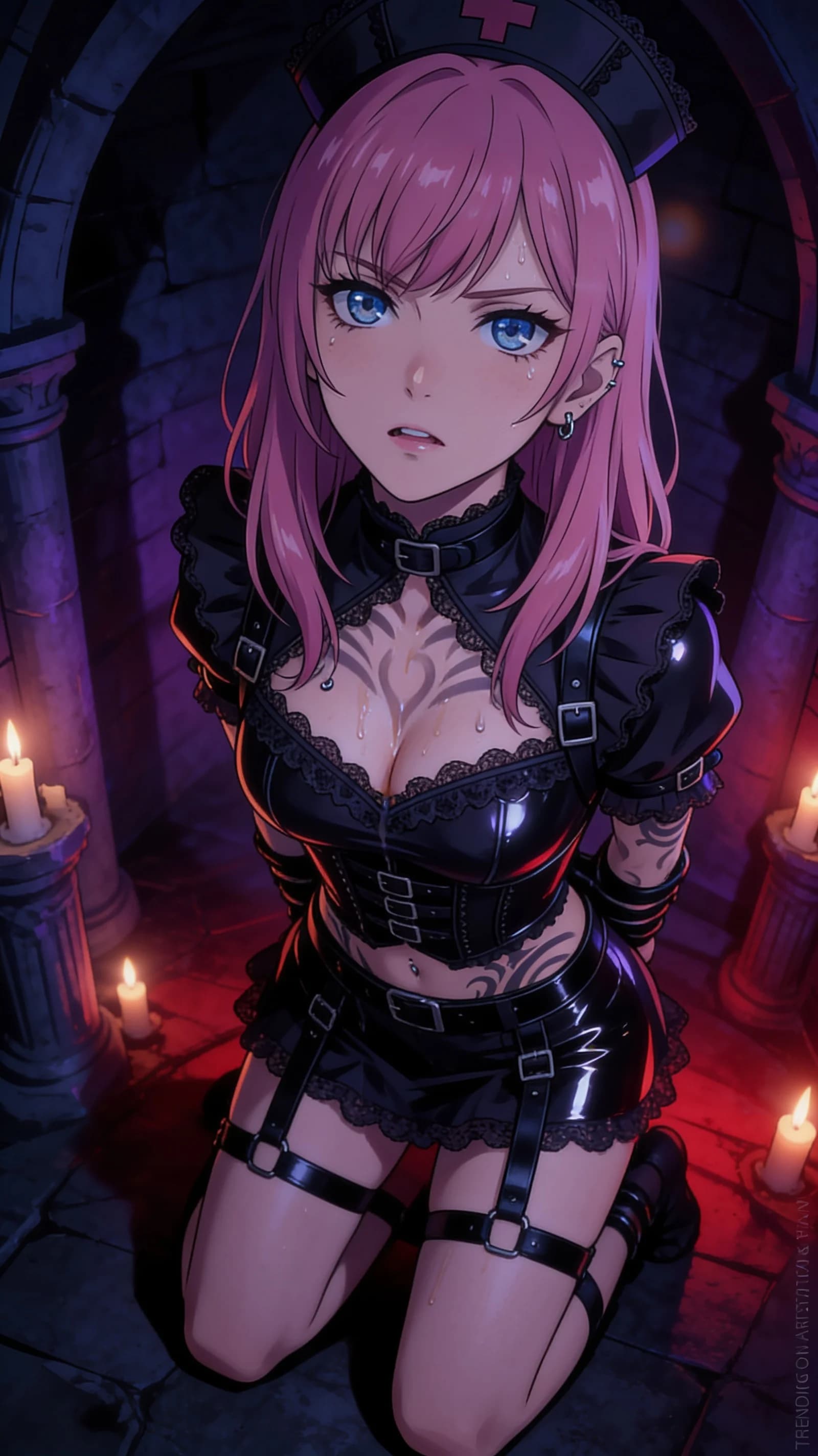 anime style, 2D cel-shaded anime illustration, anime key visual, flat cel shading, clean bold line art, vibrant saturated colors, large detailed expressive anime eyes with crisp catchlights, flat 2D rendering, not photorealistic, not 3D render, 21-year-old caucasian woman with pink bangs hair, blue eyes, fit toned body, visible needle tattoos across skin, nipple piercings, belly piercings, nsfw, bound tightly in intricate black leather BDSM harness and shiny black latex straps that squeeze her breasts and hips, arms and legs completely restrained behind her back with rope and cuffs, kneeling pose with torso arched forward, body covered in thick glistening cum dripping down her chest, pierced nipples, belly, and thighs, medium close-up vertical 9:16 portrait from a slightly elevated angle looking down at her bound form, intense upward eye contact with seductive lust and parted lips, flushed cheeks, sweat sheen on skin, moody low-key purple and crimson lighting with sharp rim highlights on latex and cum, dark dungeon setting with soft spotlight glow, detailed anime cel shading, crisp clean linework, correct anatomy, hands cleanly drawn with five fingers, studio-quality anime key visual; avoid: photorealistic, 3D render, extra fingers, deformed hands, blurry, low detail.