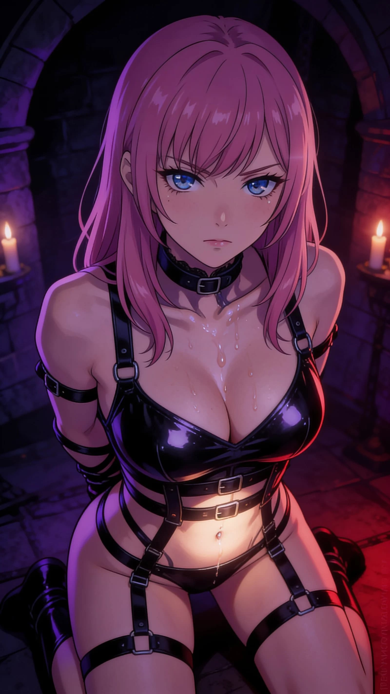 anime style, 2D cel-shaded anime illustration, anime key visual, flat cel shading, clean bold line art, vibrant saturated colors, large detailed expressive anime eyes with crisp catchlights, flat 2D rendering, not photorealistic, not 3D render, 21-year-old caucasian woman with pink bangs hair, blue eyes, fit toned body, visible needle tattoos across skin, nipple piercings, belly piercings, nsfw, bound tightly in intricate black leather BDSM harness and shiny black latex straps that squeeze her breasts and hips, arms and legs completely restrained behind her back with rope and cuffs, kneeling pose with torso arched forward, body covered in thick glistening cum dripping down her chest, pierced nipples, belly, and thighs, medium close-up vertical 9:16 portrait from a slightly elevated angle looking down at her bound form, intense upward eye contact with seductive lust and parted lips, flushed cheeks, sweat sheen on skin, moody low-key purple and crimson lighting with sharp rim highlights on latex and cum, dark dungeon setting with soft spotlight glow, detailed anime cel shading, crisp clean linework, correct anatomy, hands cleanly drawn with five fingers, studio-quality anime key visual; avoid: photorealistic, 3D render, extra fingers, deformed hands, blurry, low detail.