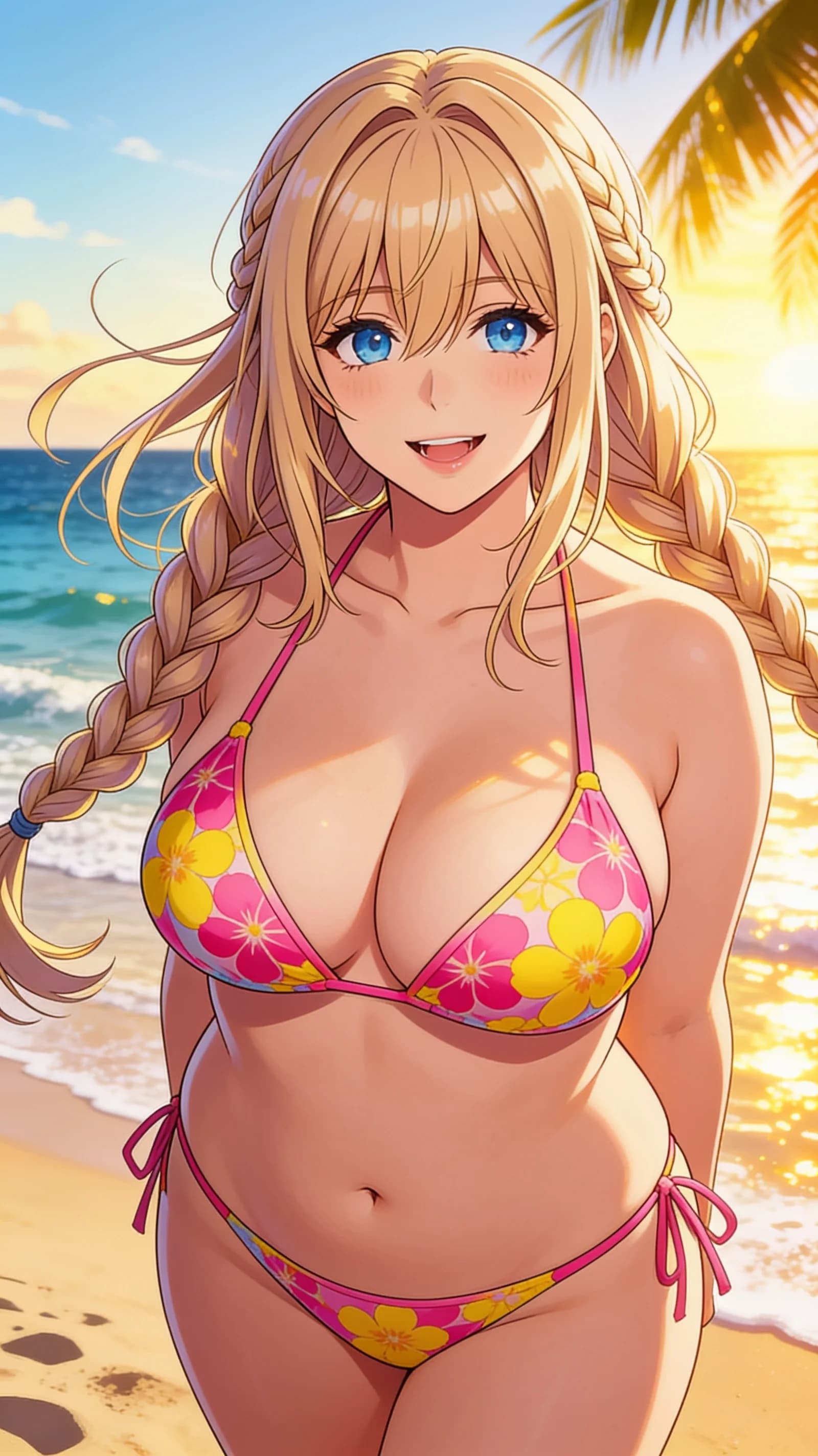 anime style, 2D cel-shaded anime illustration, anime key visual, flat cel shading, clean bold line art, vibrant saturated colors, large detailed expressive anime eyes with crisp catchlights, flat 2D rendering, not photorealistic, not 3D render, 21-year-old caucasian woman with blonde braids, blue eyes, chubby body type, standing confidently on a sunny tropical beach in a stylish colorful bikini, soft sand underfoot and gentle ocean waves in the background, vertical 9:16 portrait composition with the character centered and filling the frame from head to mid-thigh, eye-level medium close-up from front angle, direct eye contact with playful seductive smile and lips parted, bright golden-hour sunlight casting warm highlights and soft shadows across her skin and curves, relaxed summery mood with gentle breeze, detailed anime cel shading, crisp clean linework, correct anatomy, hands cleanly drawn with five fingers, studio-quality anime key visual; avoid: photorealistic, 3D render, extra fingers, deformed hands, blurry, low detail.