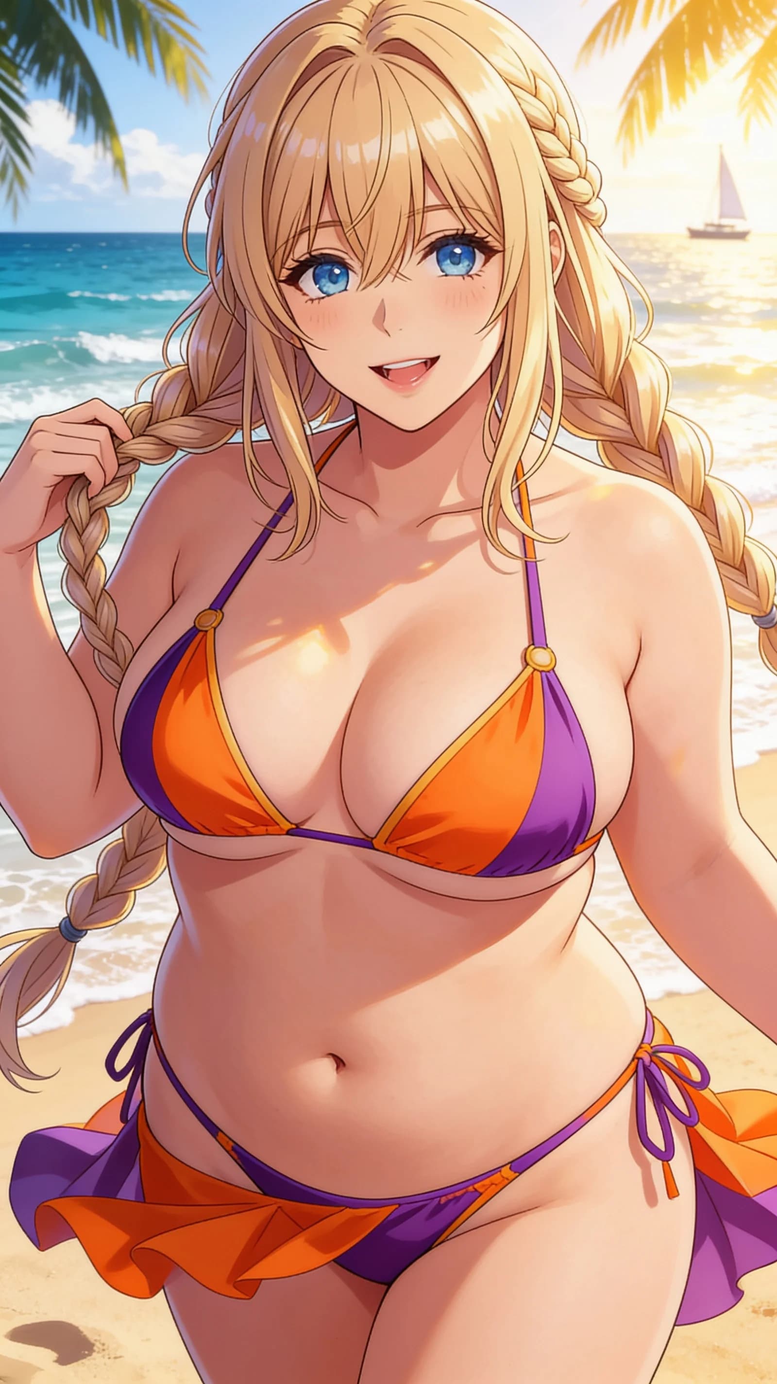 anime style, 2D cel-shaded anime illustration, anime key visual, flat cel shading, clean bold line art, vibrant saturated colors, large detailed expressive anime eyes with crisp catchlights, flat 2D rendering, not photorealistic, not 3D render, 21-year-old caucasian woman with blonde braids, blue eyes, chubby body type, standing confidently on a sunny tropical beach in a stylish colorful bikini, soft sand underfoot and gentle ocean waves in the background, vertical 9:16 portrait composition with the character centered and filling the frame from head to mid-thigh, eye-level medium close-up from front angle, direct eye contact with playful seductive smile and lips parted, bright golden-hour sunlight casting warm highlights and soft shadows across her skin and curves, relaxed summery mood with gentle breeze, detailed anime cel shading, crisp clean linework, correct anatomy, hands cleanly drawn with five fingers, studio-quality anime key visual; avoid: photorealistic, 3D render, extra fingers, deformed hands, blurry, low detail.
