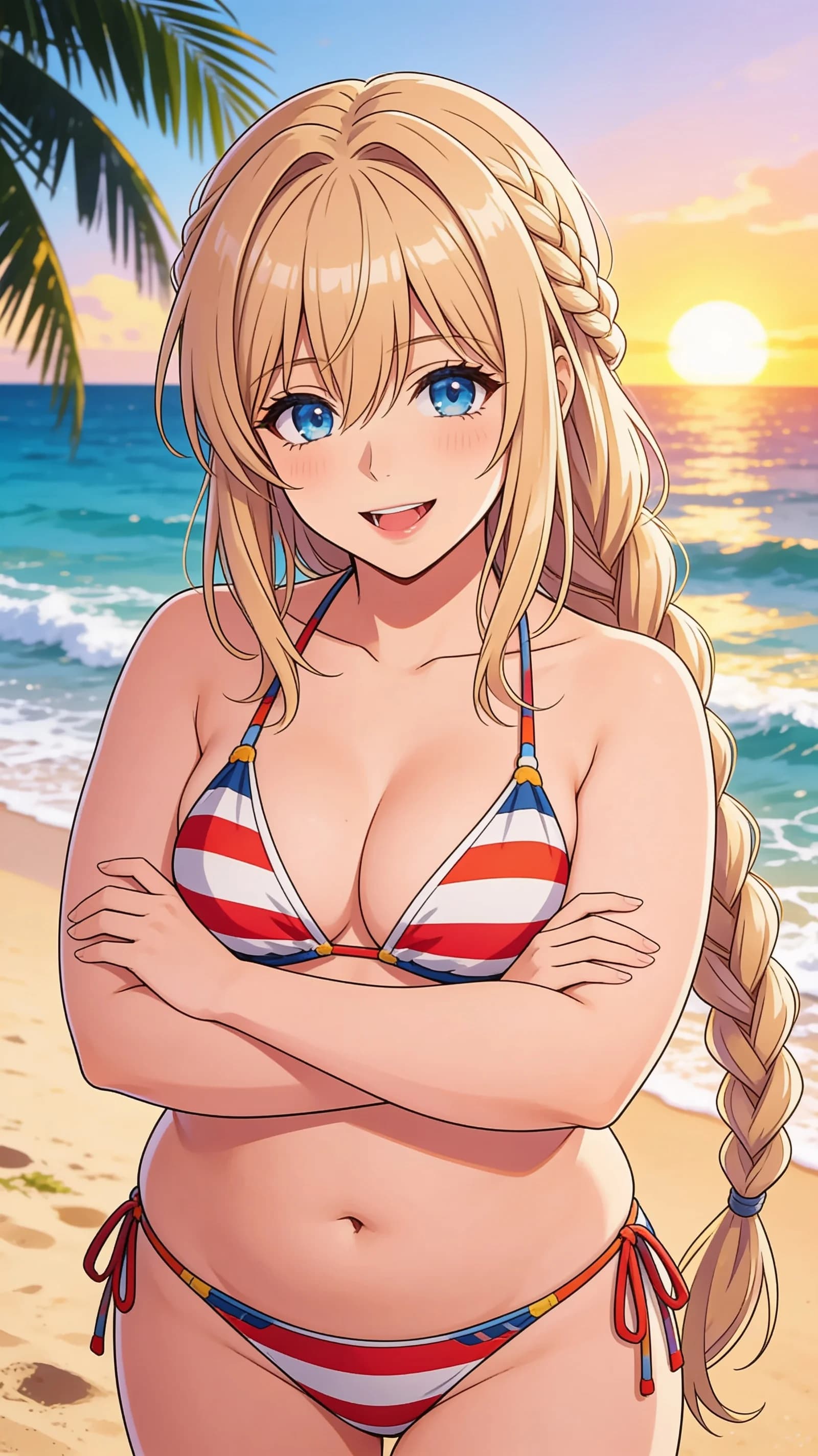 anime style, 2D cel-shaded anime illustration, anime key visual, flat cel shading, clean bold line art, vibrant saturated colors, large detailed expressive anime eyes with crisp catchlights, flat 2D rendering, not photorealistic, not 3D render, 21-year-old caucasian woman with blonde braids, blue eyes, chubby body type, standing confidently on a sunny tropical beach in a stylish colorful bikini, soft sand underfoot and gentle ocean waves in the background, vertical 9:16 portrait composition with the character centered and filling the frame from head to mid-thigh, eye-level medium close-up from front angle, direct eye contact with playful seductive smile and lips parted, bright golden-hour sunlight casting warm highlights and soft shadows across her skin and curves, relaxed summery mood with gentle breeze, detailed anime cel shading, crisp clean linework, correct anatomy, hands cleanly drawn with five fingers, studio-quality anime key visual; avoid: photorealistic, 3D render, extra fingers, deformed hands, blurry, low detail.