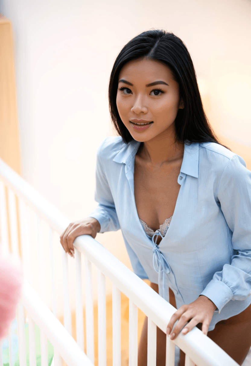 Looking straight up at A woman with a light blue open blouse, standing and leaning over the rail of a crib in a nursery, having eye contact