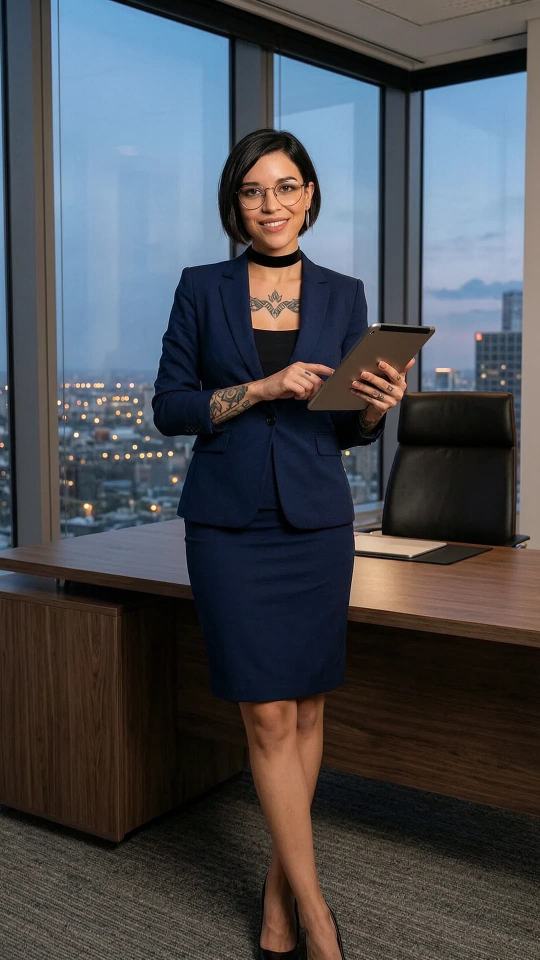 24-year-old Caucasian woman with skinny build, short black hair, brown eyes, wearing thin-rimmed glasses, visible intricate tattoos on forearms and collarbone, and a small belly piercing, dressed in a tailored navy blue power suit with fitted blazer and elegant knee-length pencil skirt, paired with a fashionable black choker, standing confidently in a full-body pose at an executive desk inside a modern corner office with floor-to-ceiling windows revealing a glowing city skyline at dusk, sophisticated makeup, warm confident smile, holding a tablet in one hand, direct eye contact with assured professional warmth and parted lips, slight low-angle full-body camera view emphasizing posture and presence, realistic style, flawless anatomy, no extra digits, no extra limbs, realistic skin texture, high-detail.