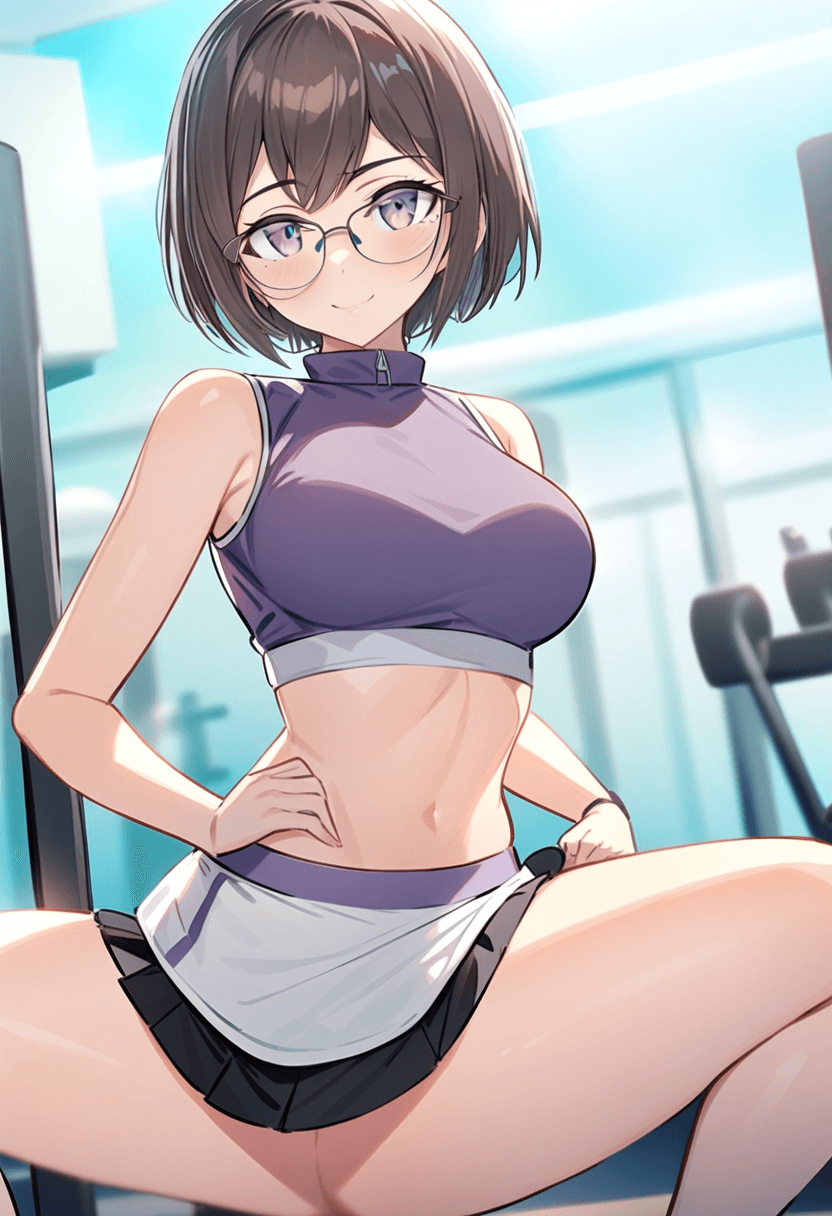 Wearing short black tennis skirt and a crop top shirt, portrait picture, looking at the viewer with a smile, wearing a fashionable mini skirt, working out at the gym, athletic activity, squatting position, athletic pose, at a modern fitness gym