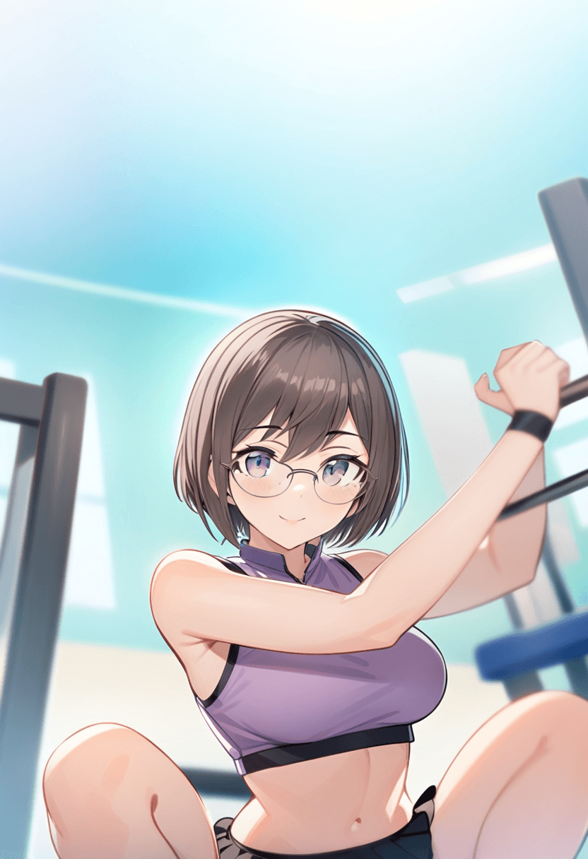 Wearing short black tennis skirt and a crop top shirt, portrait picture, looking at the viewer with a smile, wearing a fashionable mini skirt, working out at the gym, athletic activity, squatting position, athletic pose, at a modern fitness gym
